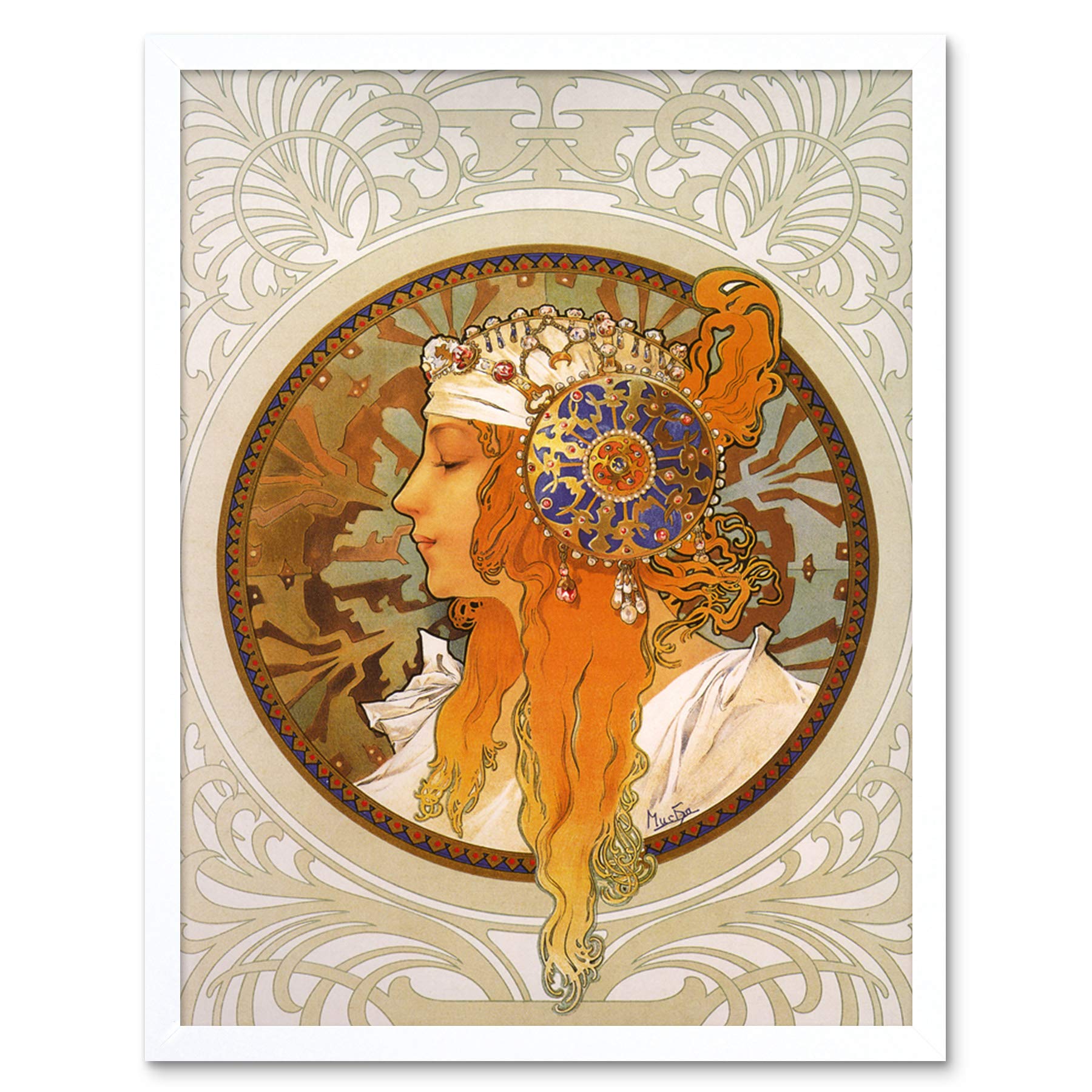 Wee Blue Coo Mucha Byzantine Head Blonde Headdress Art Print Framed Poster Wall Decor 12x16 inch