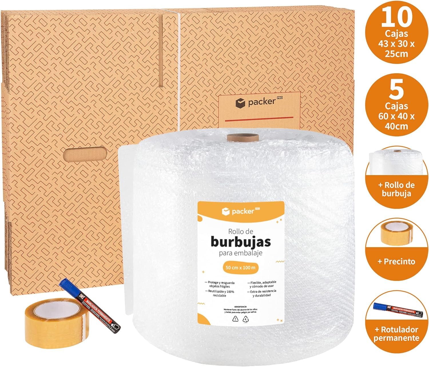 Pack Umzugskartons Umzugskarton, Klebeband, Kunststoff, Blasen, Permanentmarker und professioneller Cutter | Packer Pro