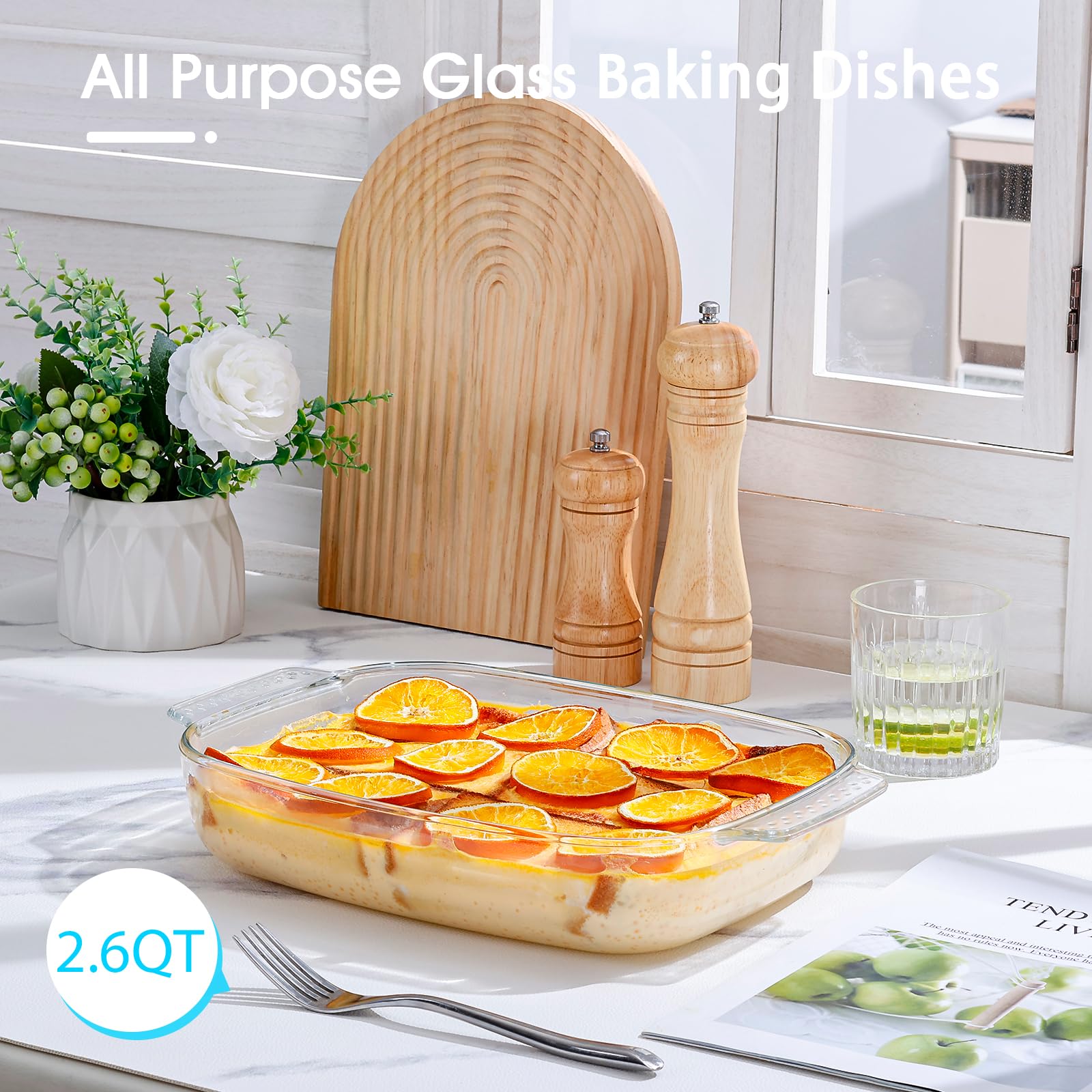 NUTRIUPS Glas-Backformen-Set für den Ofen, rechteckig, Backformen, Set mit 3 Backformen, Glas, Auflaufformen, stapelbar, platzsparend, 1,8 QT + 2,5 QT + 3,1 QT