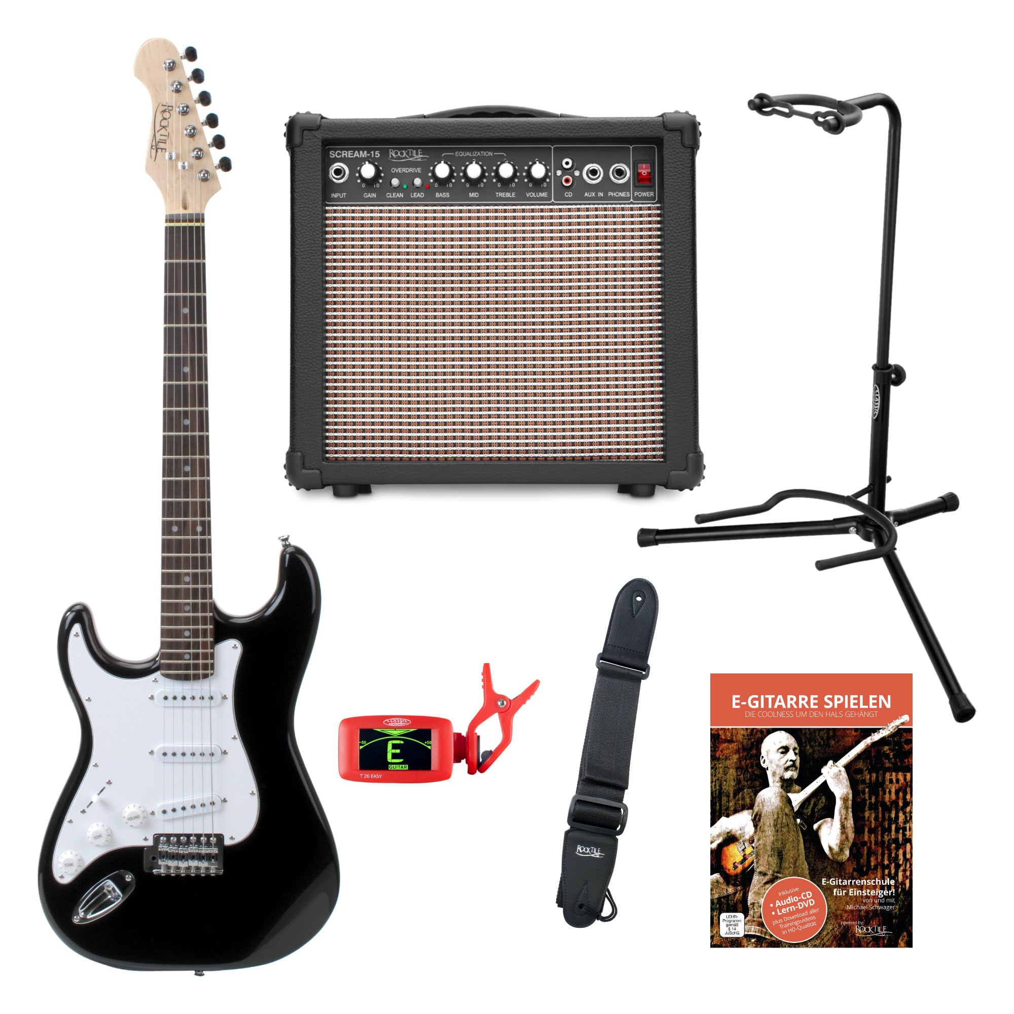 Rocktile Pro ST3 BK RW L Set de Guitarra Eléctrica para Zurdos – Guitarra Eléctrica para Principiantes – Amplificador, Soporte, Escuela, Afinador Clip y Correa – Modelo para Zurdo Principiante