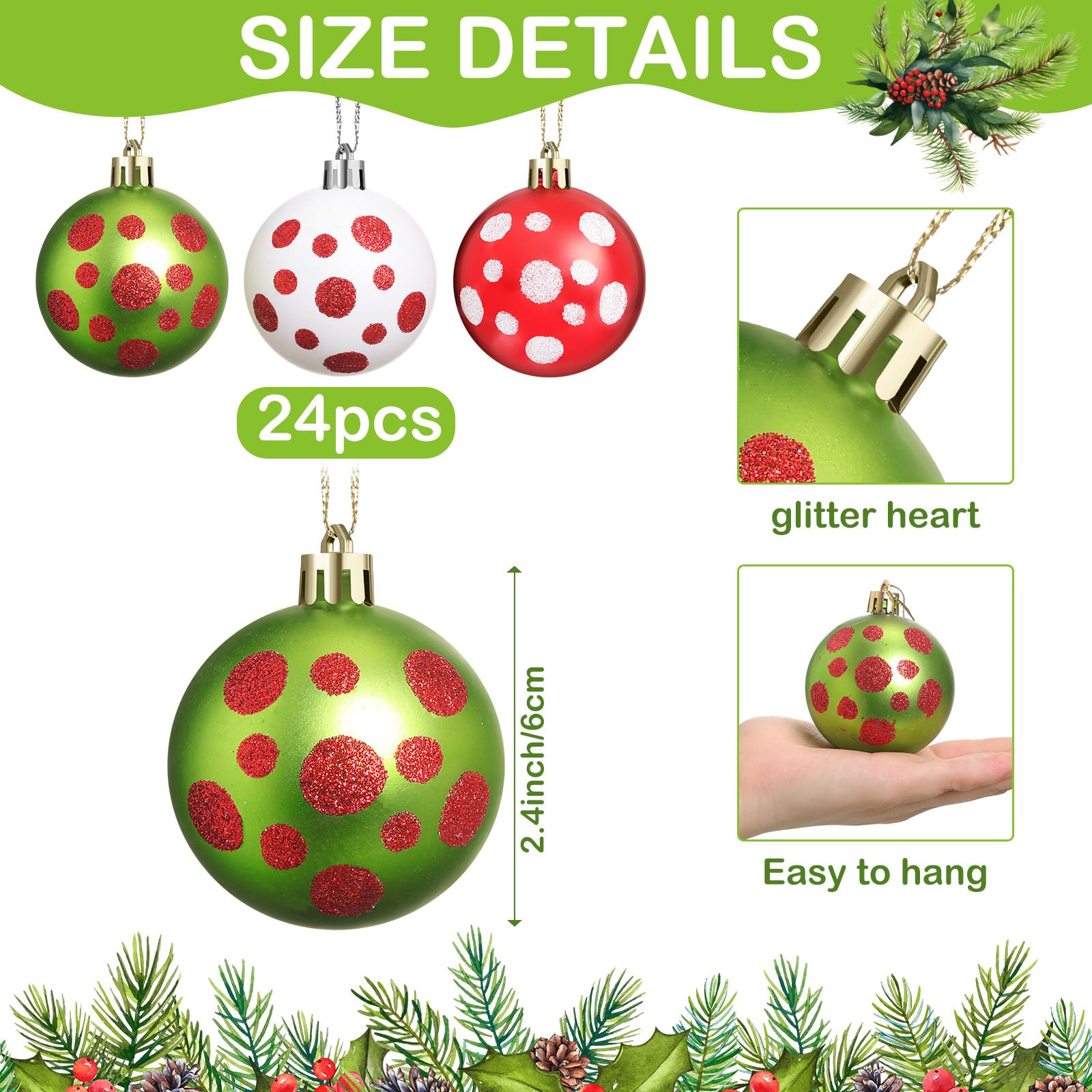 24 esferas de Navidad, adornos rojos y verdes para árbol de Navidad, adornos de 2.36 pulgadas con purpurina de lunares, adornos colgantes para decoración de árbol de Navidad, fiestas de