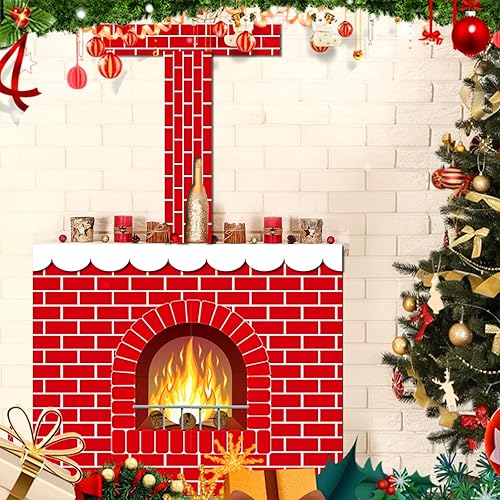 Miniatura 7 de Juego de 22 piezas de chimenea de cartón de Navidad 3D, centro de mesa falso, telón de fondo de Navidad para decoración de fondo de fiesta de