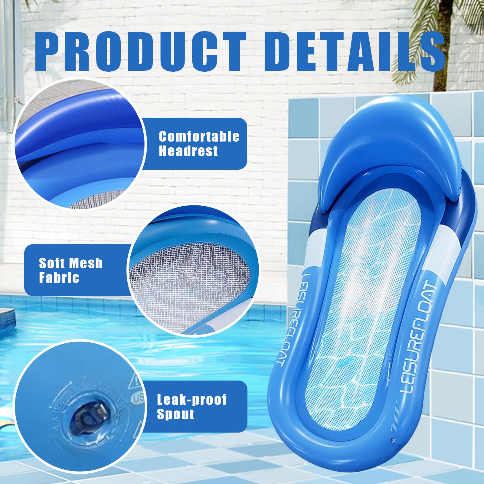 Amaca ad acqua con rete, lettino gonfiabile con poggiatesta, materasso ad aria per piscina per adulti, 150 x 70 cm, lettino da piscina per adulti, per piscina, lago e spiaggia, accessorio per piscina