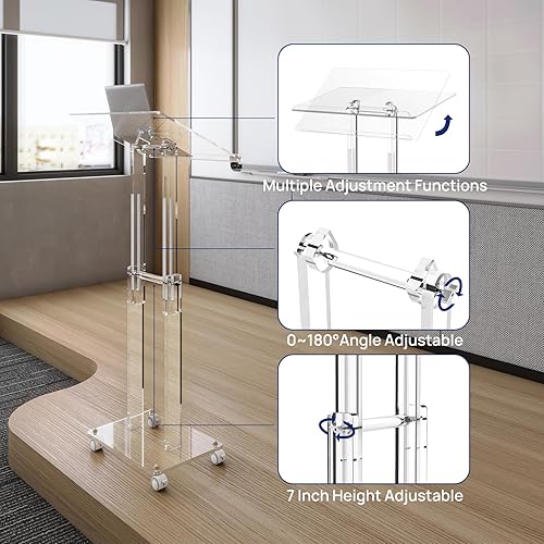 Miniatura 4 de HMYHUM Soporte de podio acrílico con ruedas bloqueables, ángulo y altura ajustable, podio rodante transparente, atriles móviles y púlpitos para
