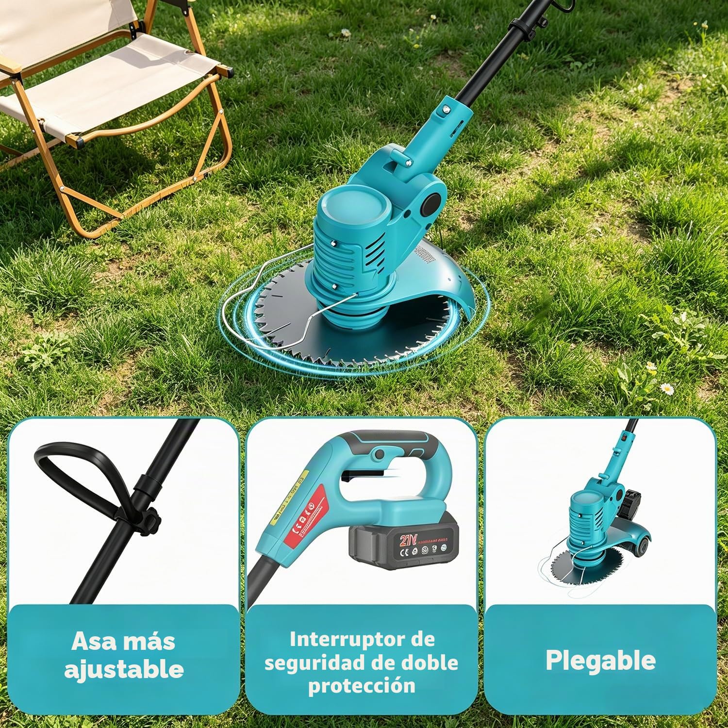 Cortabordes a Batería, Desbrozadora 700W con 2X 4.0Ah Baterías, Ancho de Corte 15cm Plegable, 3-en-1 Cortacésped & Motosierra, 1.7kg Ligero para Jardín