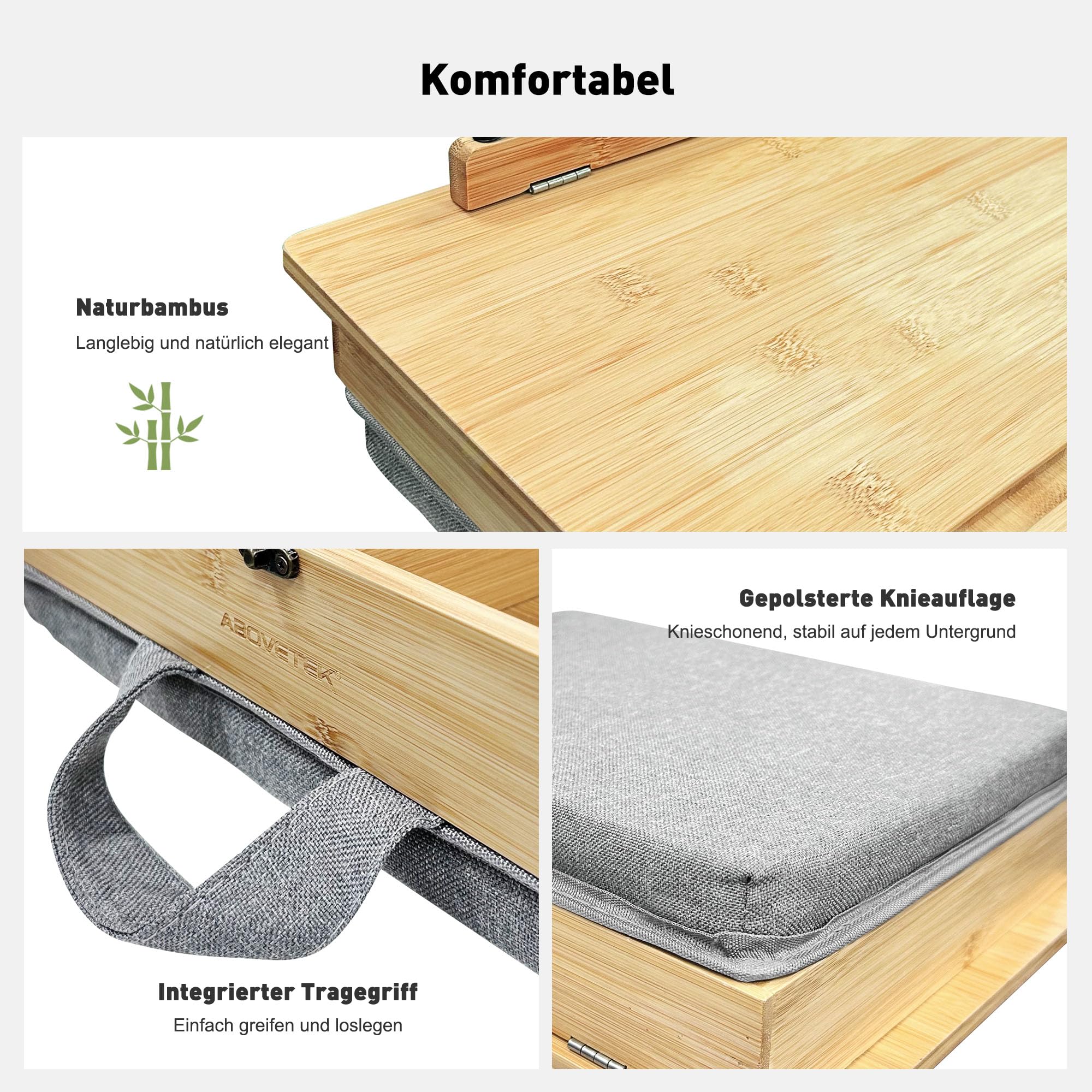 AboveTEK Buchständer zum Lesen mit Aufbewahrung, verstellbarer Bambus-Buchhalter mit weichem Schoßkissen, Kochbuchständer, freihändiger Buchleseständer für Bett, Schreibtisch und Küchentheke
