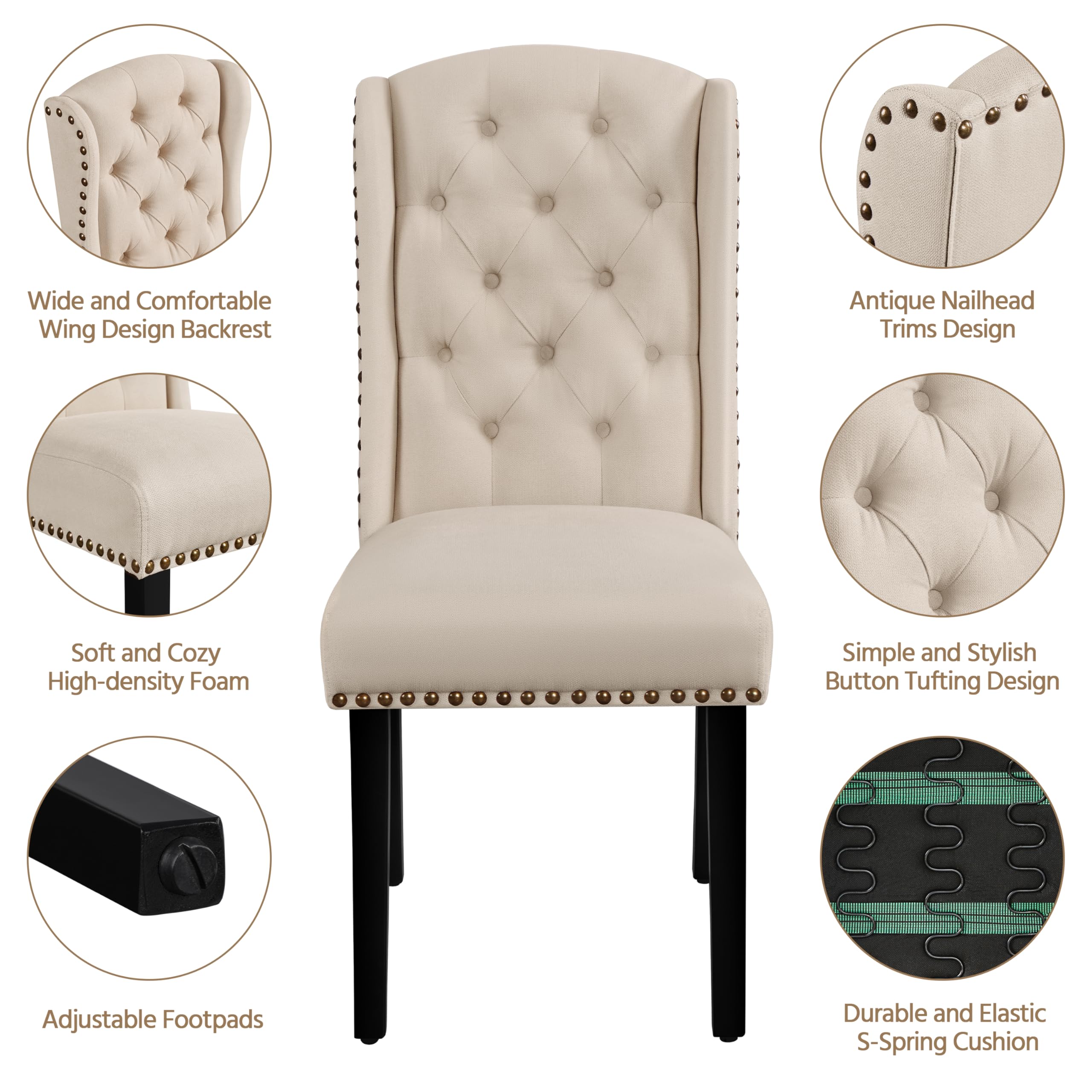 Yaheetech Set 2 Sedie Sala da Pranzo Tessuto Imbottite Eleganti Gambe in Legno Massello Schienale Alto con Bottoni Portata 140 kg Beige