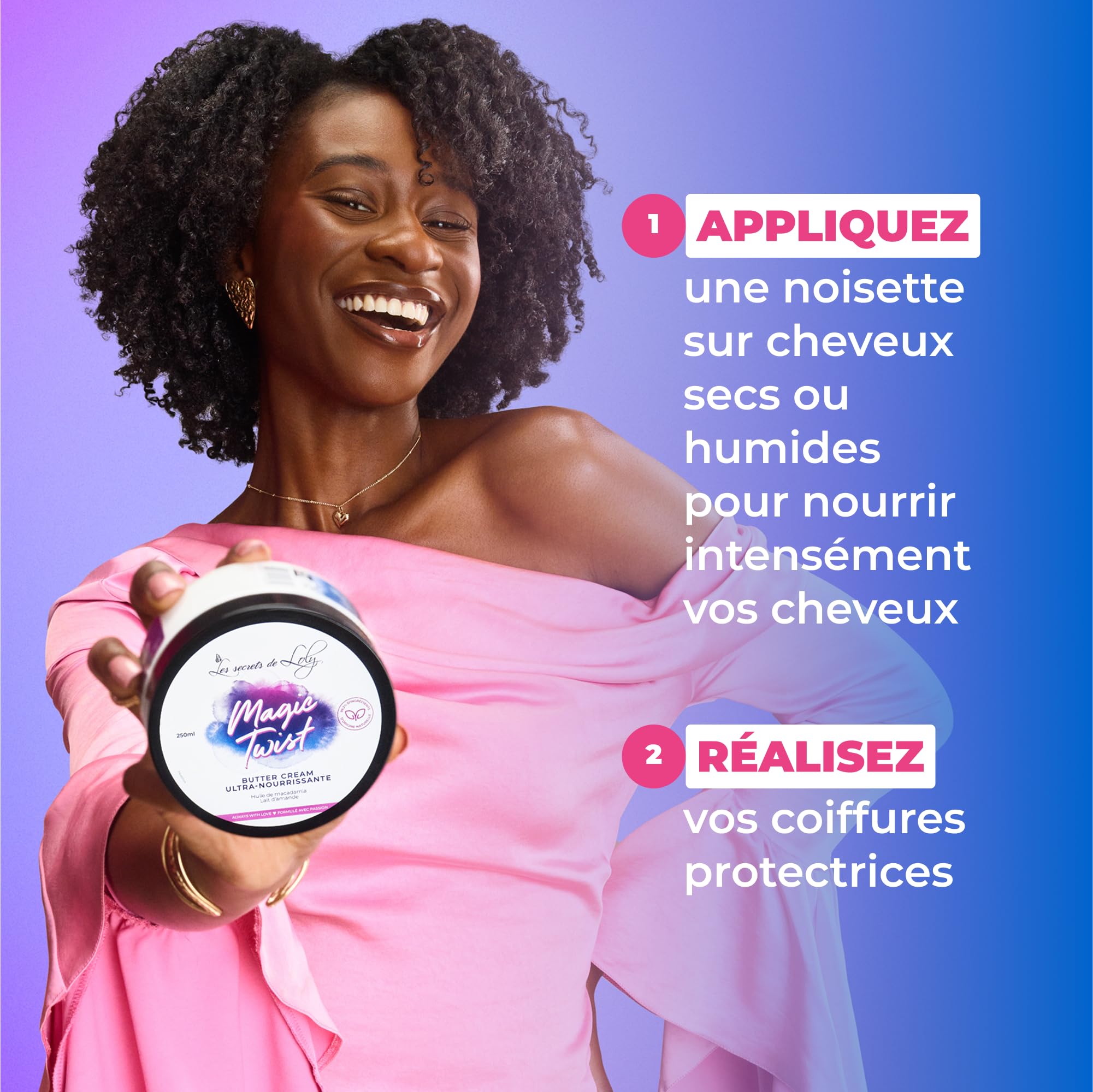 Les Secrets de Loly – Magic Twist – Crème coiffante sans rinçage Ultra nourrissante – Cheveux très secs, bouclés, frisés et crépus – Beurre cream – 250 ml