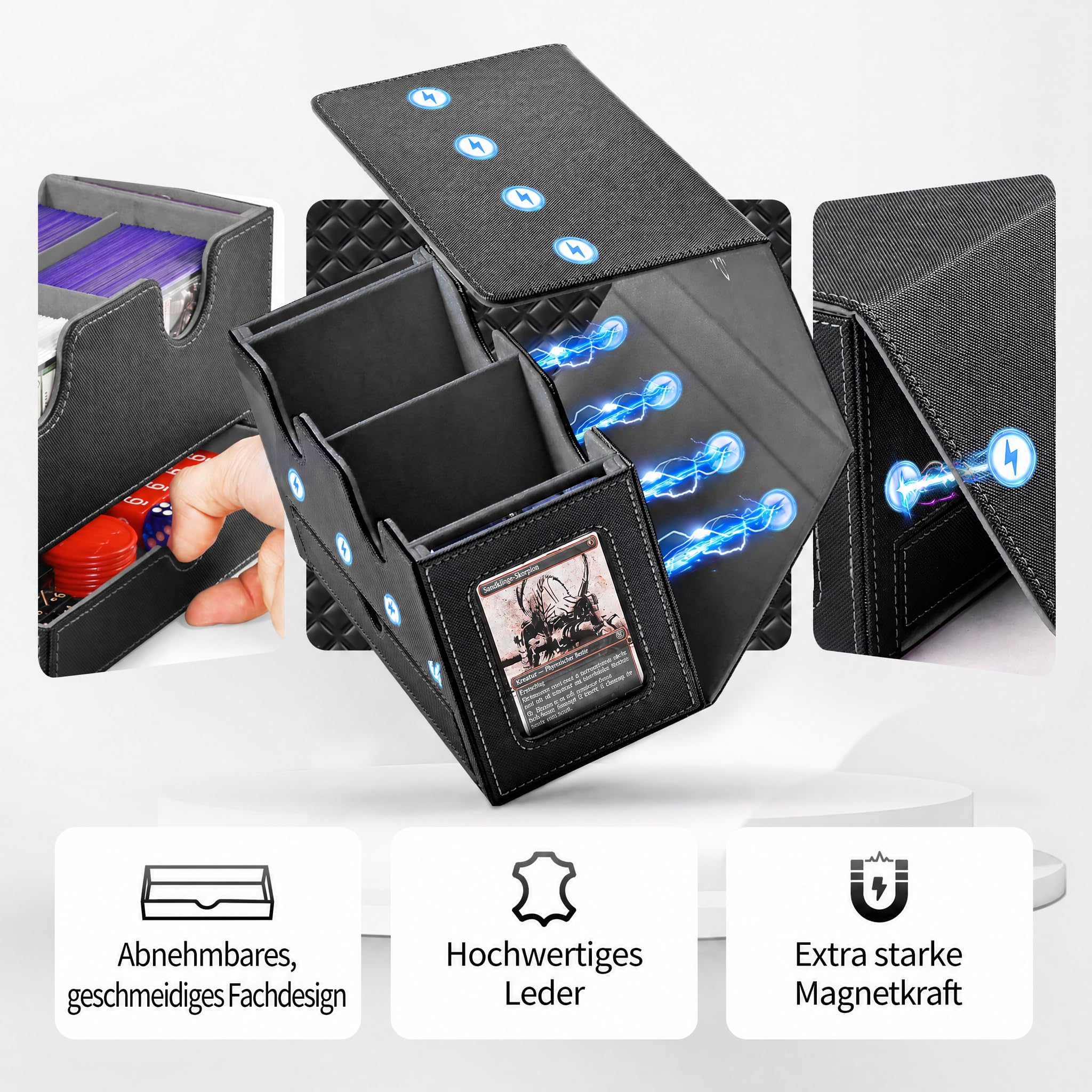 UAONO MTG Deck Box mit 2 Commander Display und Würfelablage, patentiertes Design, Doppeldeck-Box für 250+ einhüllige Karten, Leder-Magnetkarten-Aufbewahrungsbox passend für TCG CCG Magic Cards