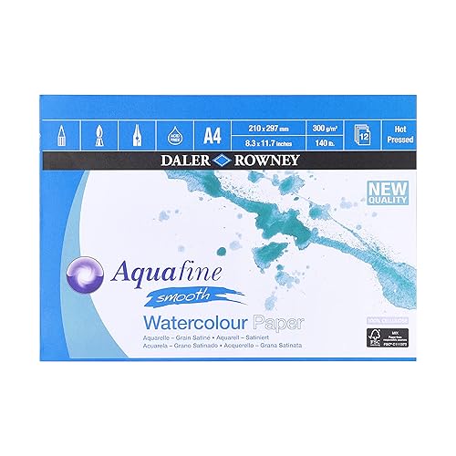 Daler-Rowney Aquafine Smooth Hot-Pressed Watercolour & Gouache 300gsm A4 Paper Pad, Glued 1 Side, Natural White, 12 Sheets, For Professional & Beginner Artists & Students, Acid-Free - SMOOTH PAD A4 (12SH) - Single