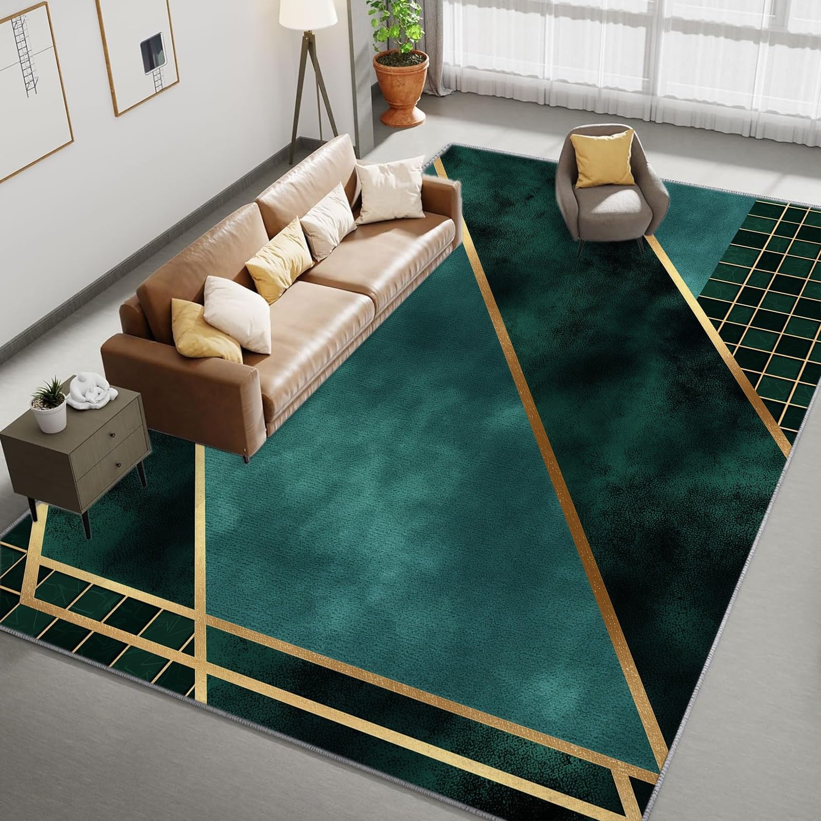 Teppich Grüne Geometrie 120x180 cm Wohnzimmer Teppich Schlafzimmer Teppich Modern Waschbarer Kurzflor Teppiche rutschfest Flauschig Weiche Teppiche