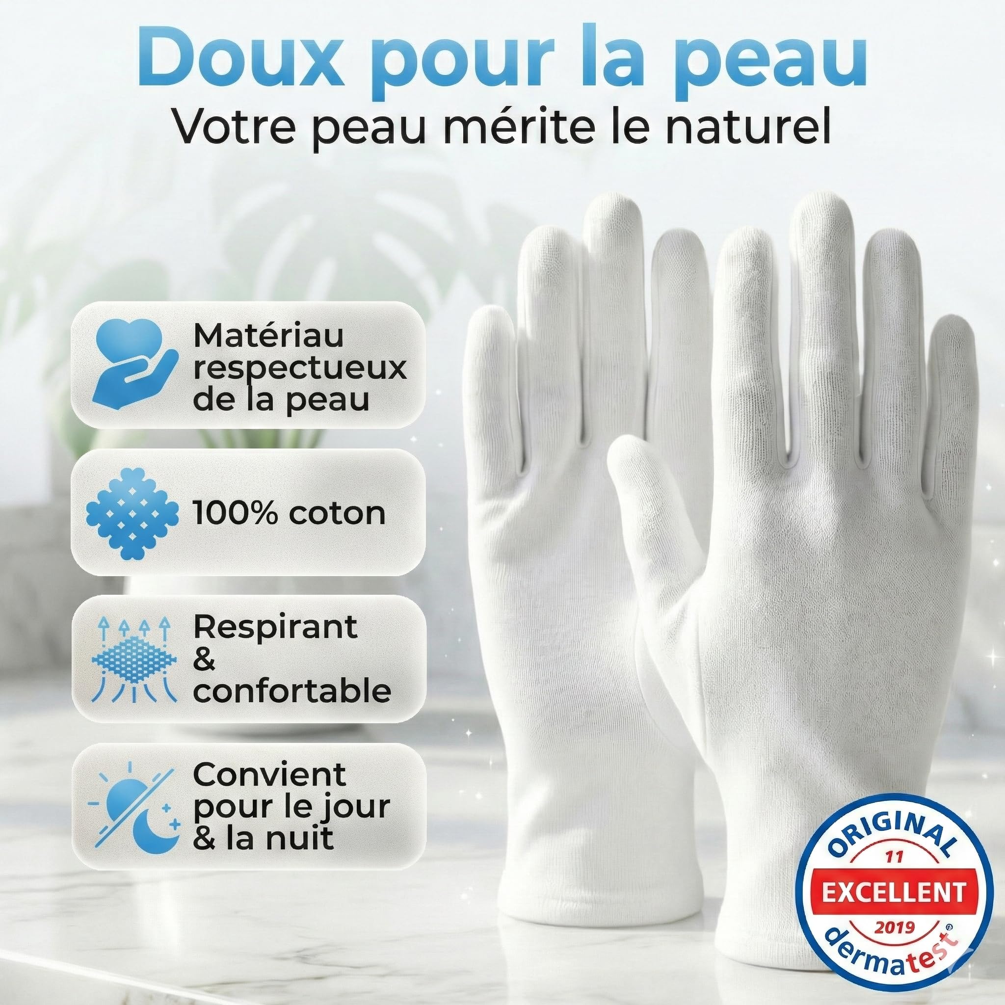 Gants coton dermatologique (Dermatest: Excellent) gants blancs pour eczema, gants hydratant main - antistatique - homme/femme - gants en coton de qualité supérieure (3 paires, M)