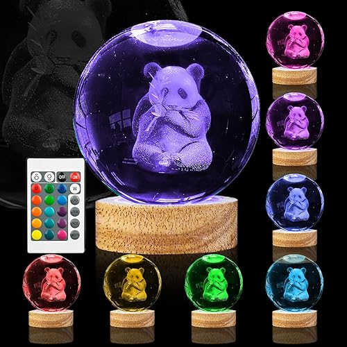 Oriamde Lámpara de bola de cristal de panda 3D de 3.15 pulgadas con base de madera de 16 colores cambiantes y control remoto, ideal para niños,