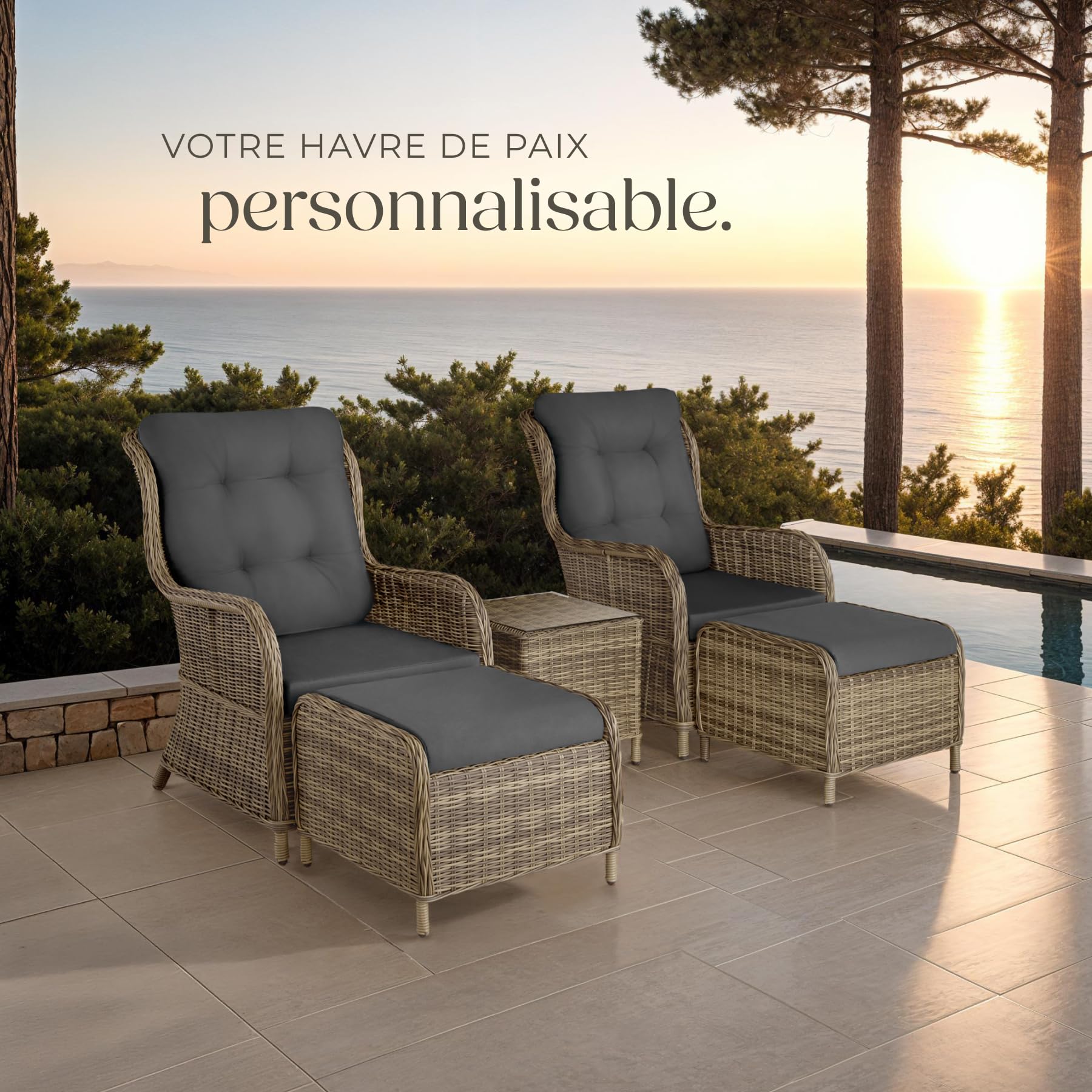 tectake® Salon de Jardin Extérieur en Poly Rotin et Aluminium 2 Personnes Ensemble Fauteuil salon, Tabouret pouf & Table de Jardin, Coussins inclus, Mobilier de jardin pour Amenagement Balcon Terrasse