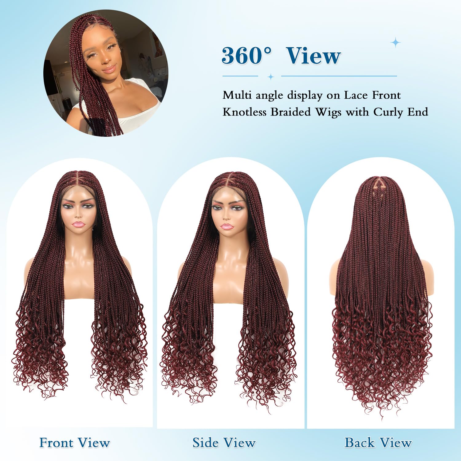 360° HD Full Lace Knotless Braided Wigs for Women Box Braid Wig with Boho Curly End Triangle Knotless Braided Wigs with Baby Hair Premium Synthetic Braided Lace Front Wig 36" Burgundy