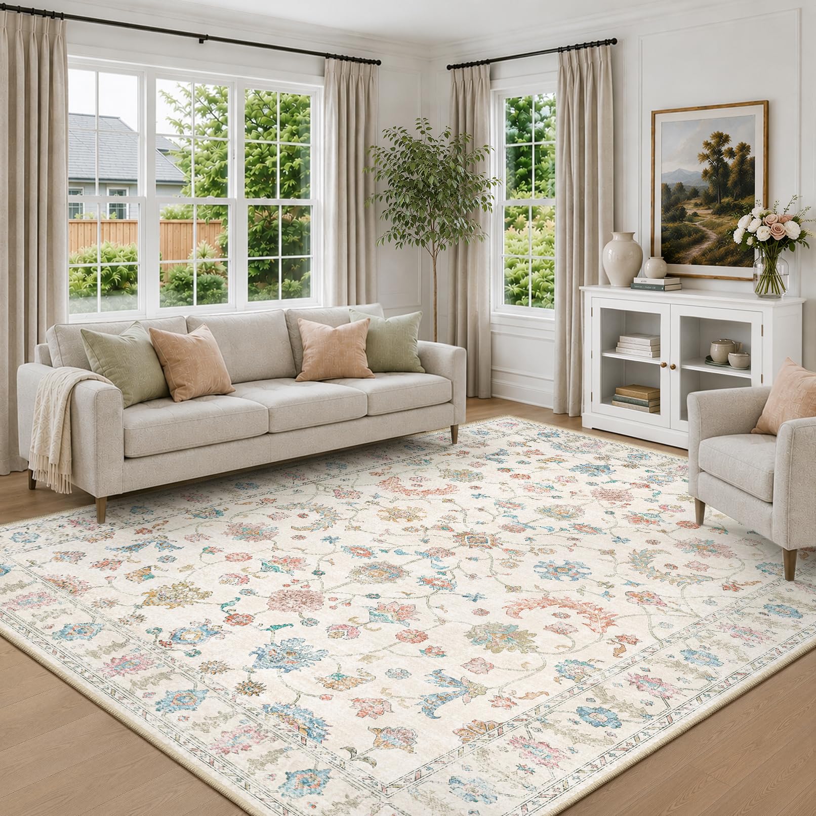 INOVADAY Waschbarer Teppich Boho 200x300 cm Cremeweiß Wohnzimmer Teppich | Schlafzimmer, Küche, Vintage, Eingangshalle, Esszimmer, Diele, Kurzflor, Rutschfest, Flur, Druckmuster, Weich, Pflegeleicht