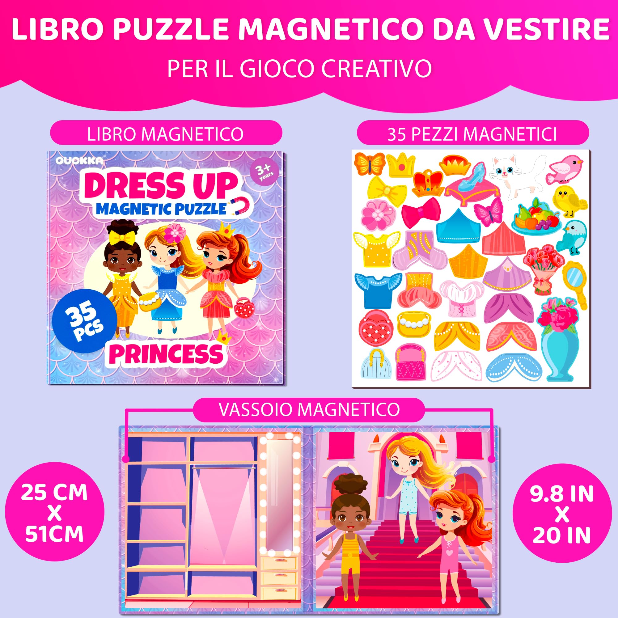 QUOKKA Bambole Magnetica da Vestire per Bambini 2 3 Anni - Giochi da Viaggio Bambina 3 4 Anni - 35 Pezzi Puzzle Magnetico per Aereo e Auto - Principesse Bambole di Carta - Regali Bimba dai 2 ai 5