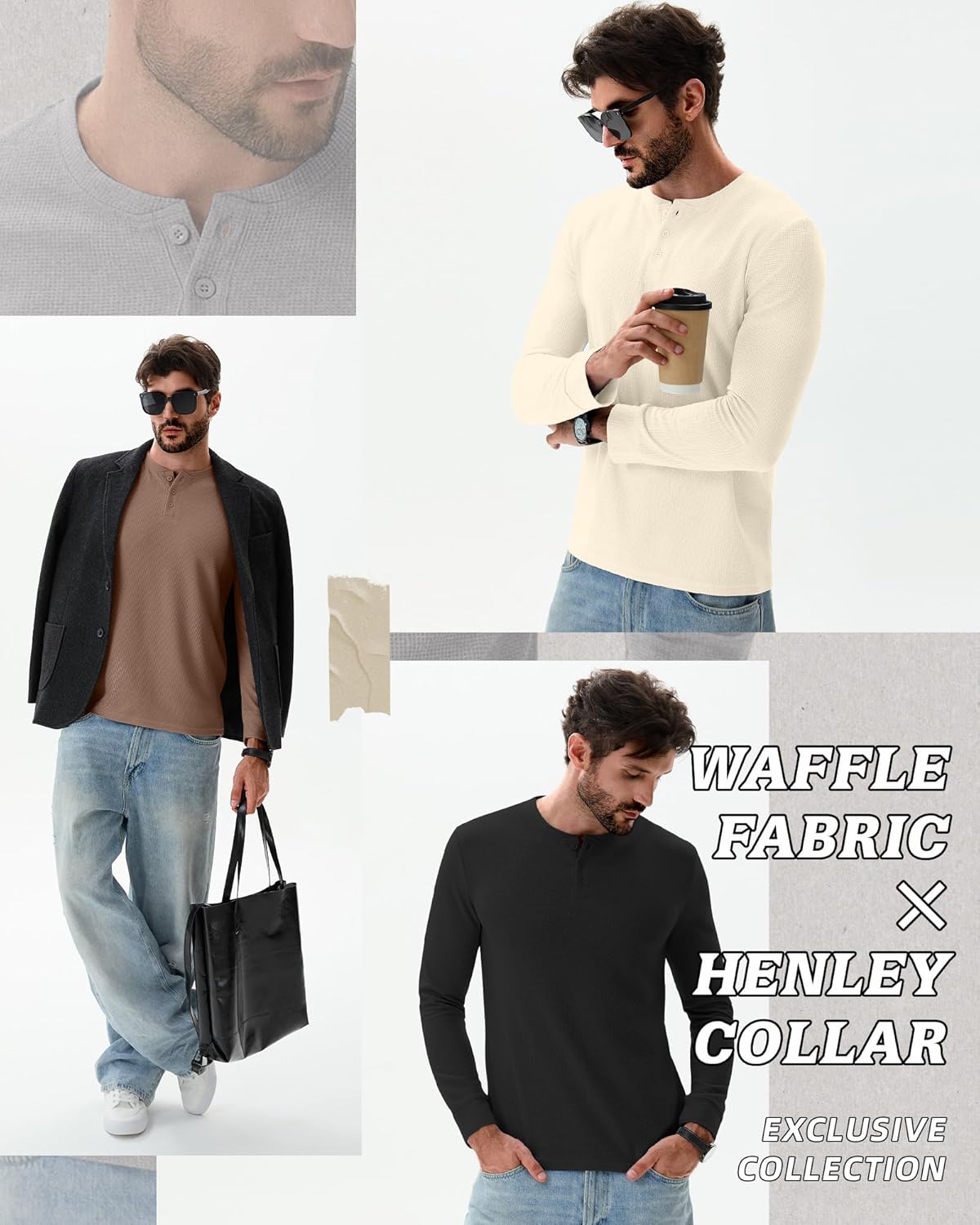 Velvelhall 3 Pack Men’s Waffle Henley Shirts, Long Sleeve Button Tops Casual Basic T-Shirts Lightweight Knit Pullover - Image 4