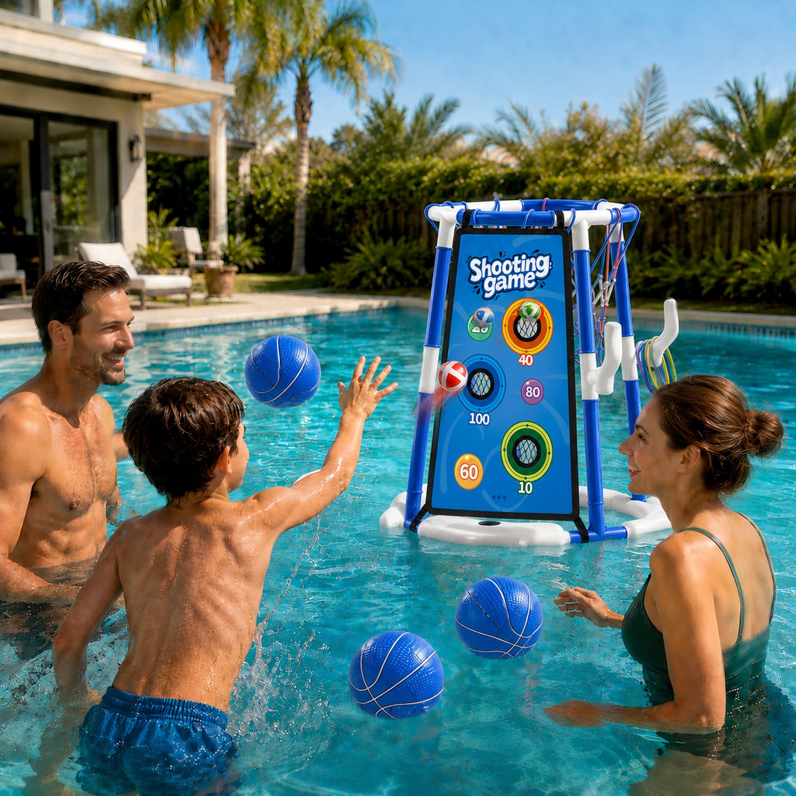 Ronronner 3-in-1 Pool Basketballkorb mit Sticky Ball Toss & Ring Toss, 12 Klebebällen, 4 Basketball, Wasserspielzeug für Kinder 4-8 & Erwachsene - Blau