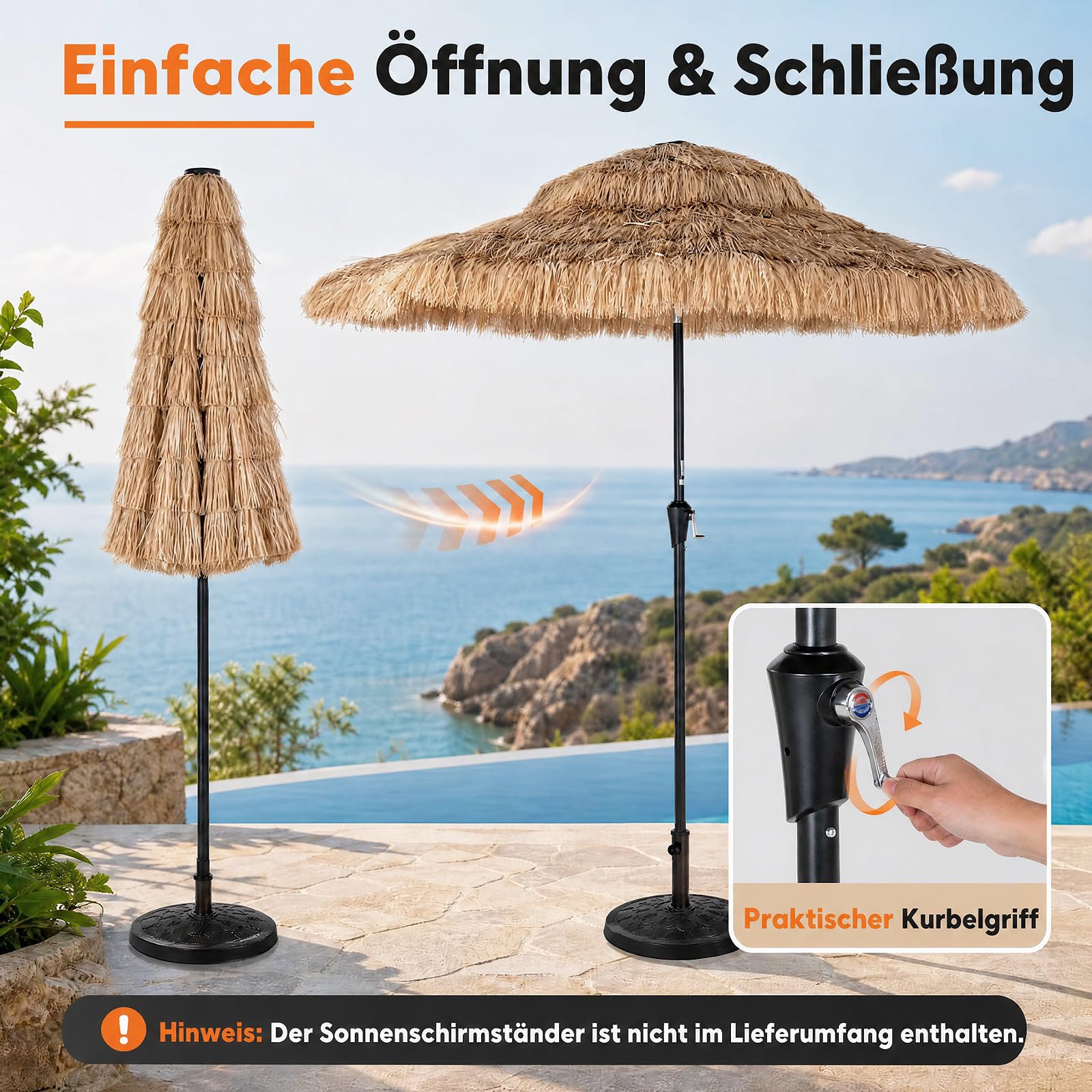 COSTWAY Sonnenschirm Hawaii 250 cm, Gartenschirm mit Kurbel, Strohschirm | Stroh Strandschirm, beidseitig um 30° knickbar, Marktschirm, Terrassenschirm für Garten, Balkon, Terrasse