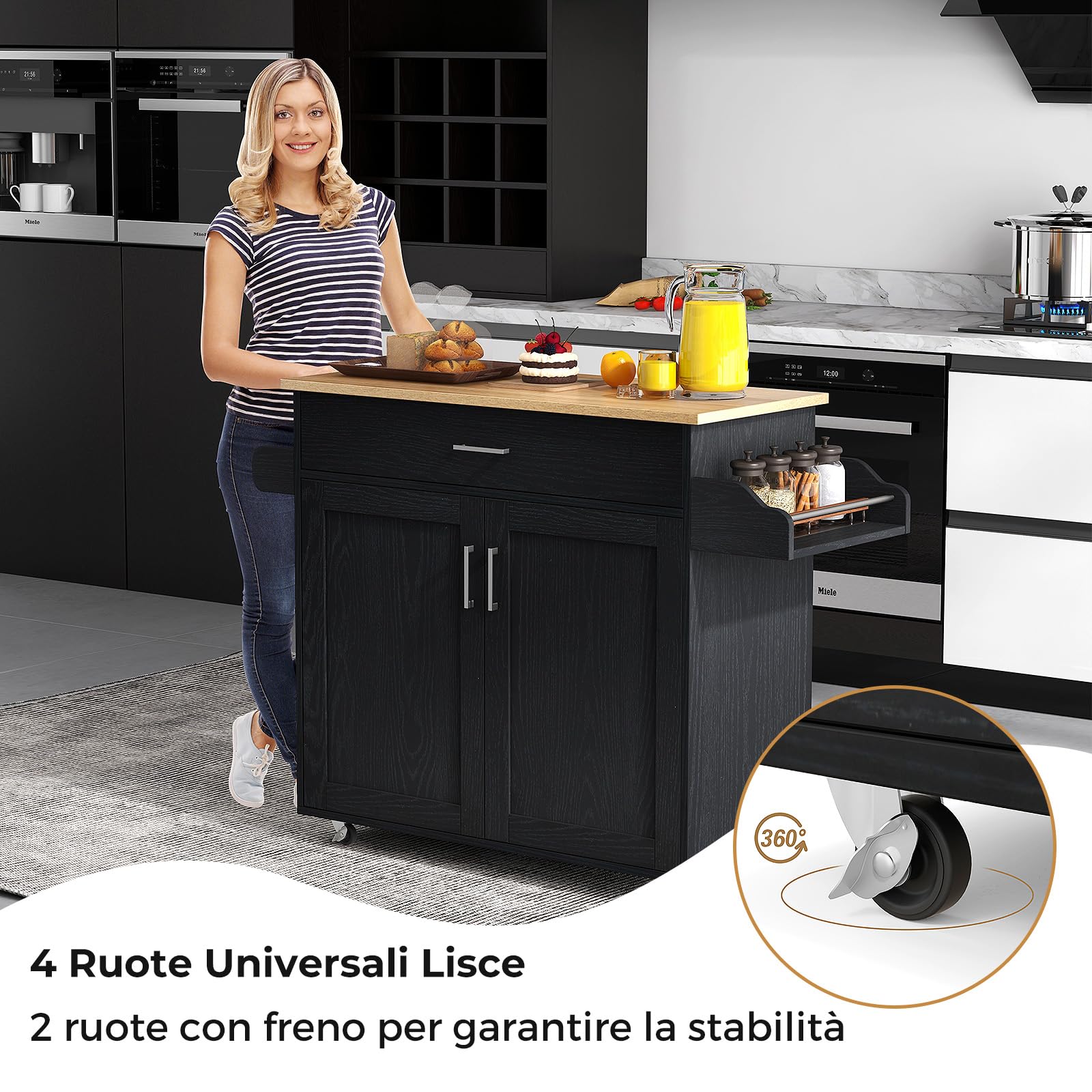 RELAX4LIFE Carro de cocina grande portaobjetos con ruedas deslizantes con frenos de pedales, carro de servicio de madera barnizada con armario y cajones espaciosos, 136 x 76 x 91 cm (negro) (negro)