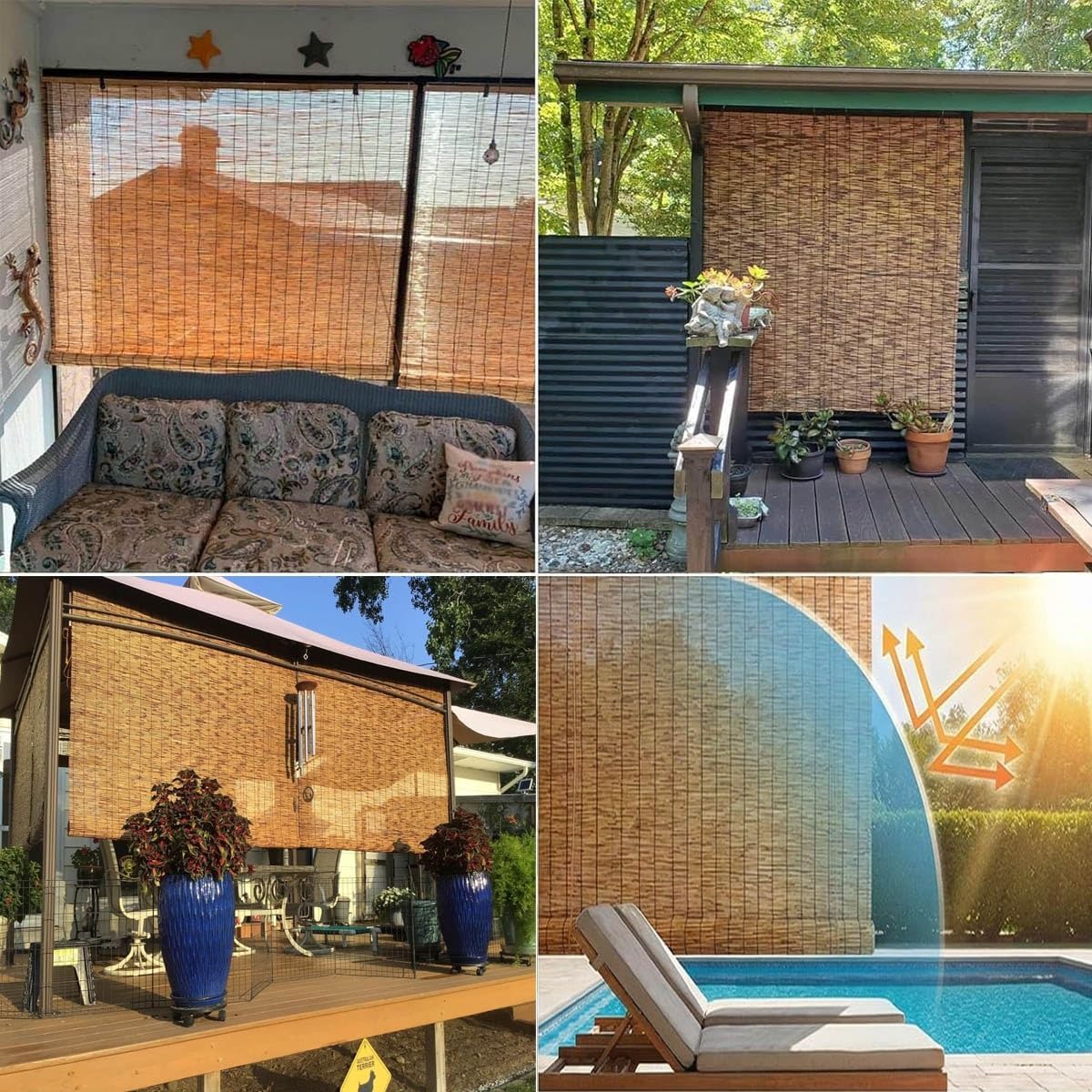 Retro Bamboo Shades for Outdoor Patio Bamboo Roll Up Reed Blinds Blackout Cordless Blinds for Indoor Windows Waterproof Sun Shade Weather Resistant for Porch Home Privacy(Brown,60" W x 84" H)