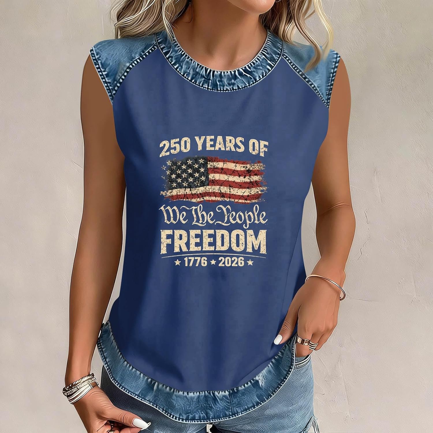 Womens Independence Day Tank Tops Sleeveless 4th of July Patriotic Blouses 250th Anniversary USA Denim Trim T-Shirts