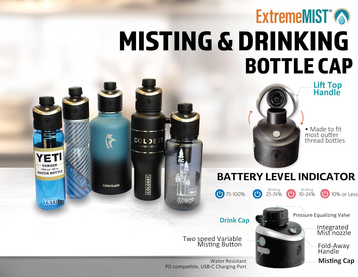 The GoMist Misting & Drinking Bottle Cap – Convert Your Water Bottle to a Drinking AND Misting Bottle - Adds Portable, High-Pressure Misting Spray for Cooling Off, Outdoor Activities, Hiking, & Sports