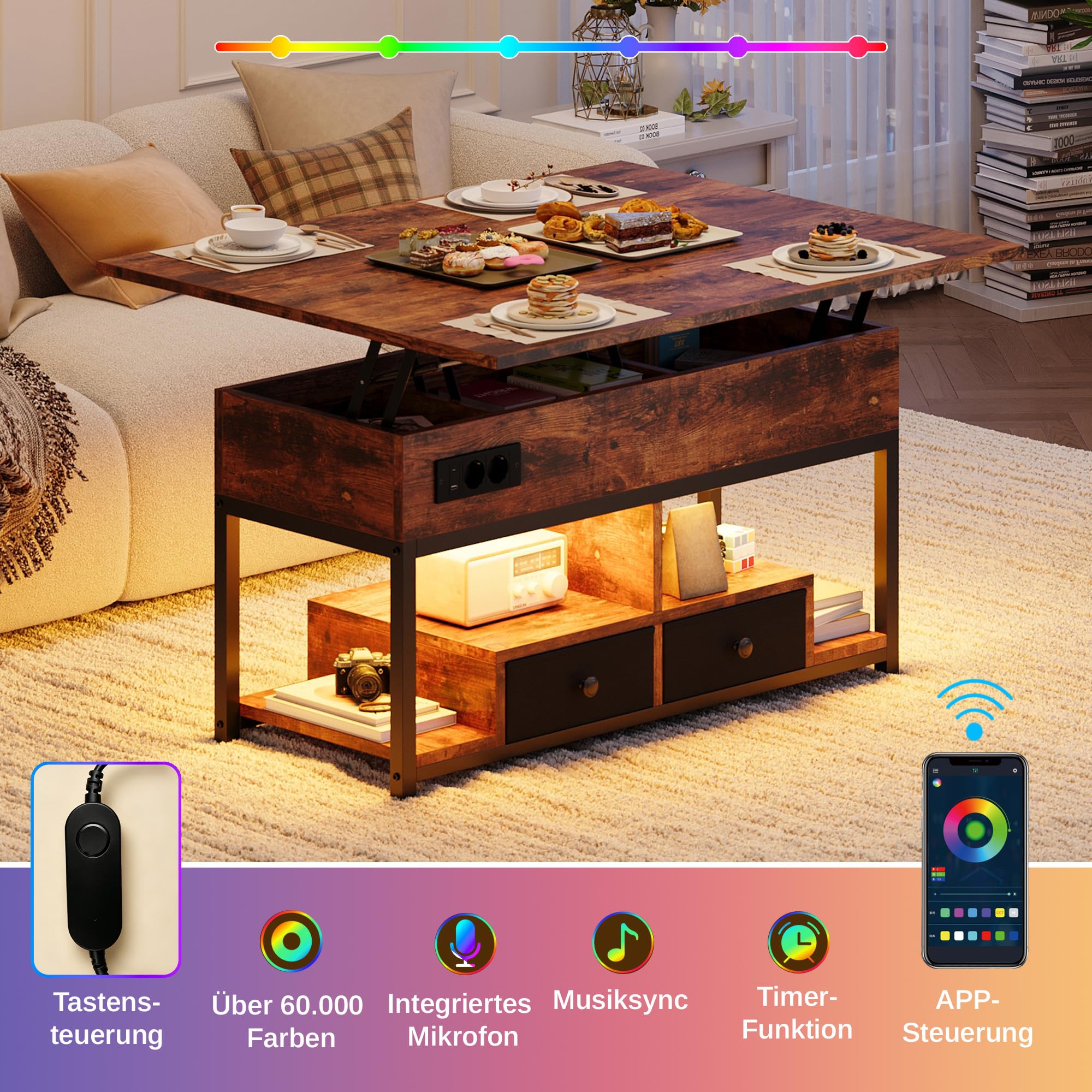 IRONCK Couchtisch Höhenverstellbar, LED Wohnzimmertisch mit Steckdosen, 2AC+USB+USB‑C, Kaffeetisch Holz, 2 Schubladen, Umwandelbar Esstisch 100×80cm (Vintagebraun)