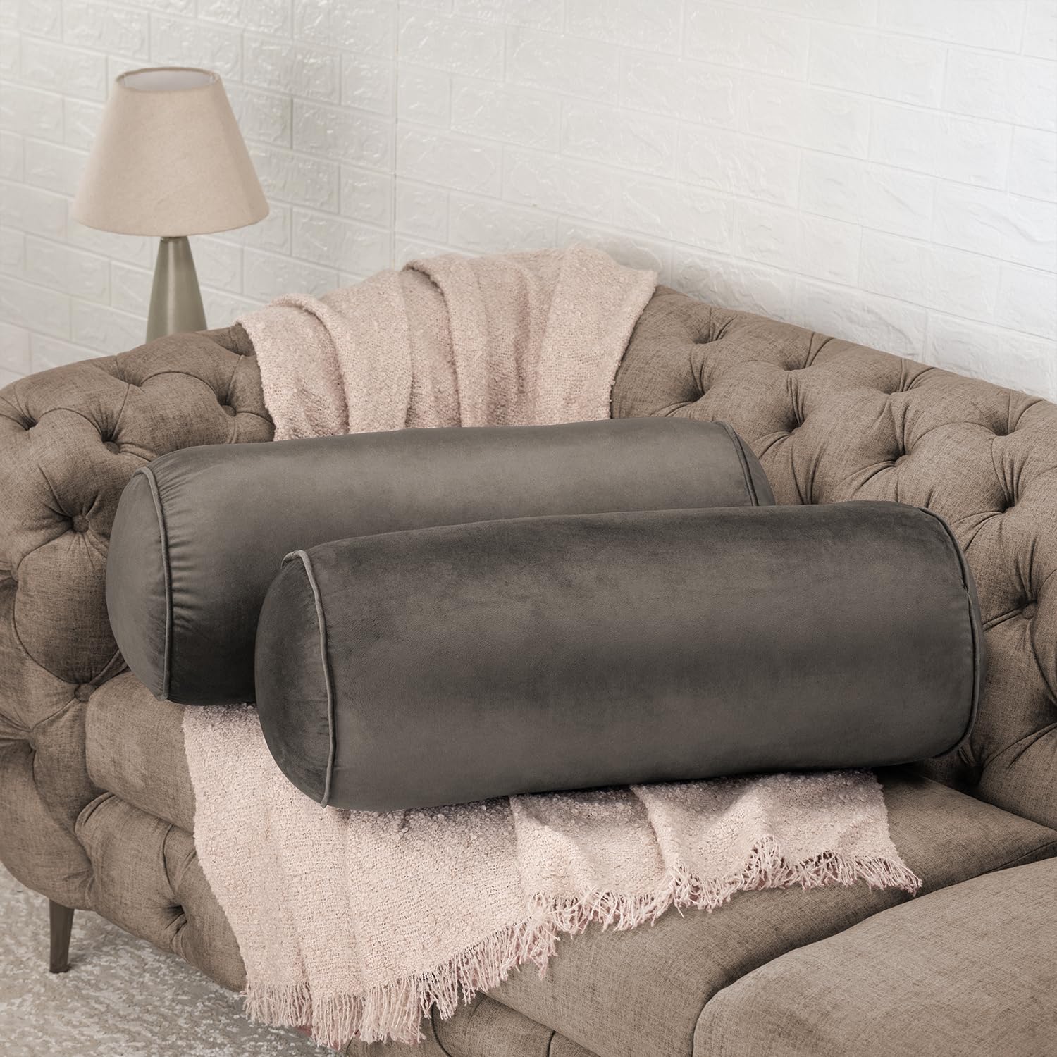 Wakefit Medium Firm Bolster Pillow | Pack of 1 | 25x10 Inch | Foam & Removable Velvet Fabric | Machine Washable Cover | for Bed, Sofa & Diwan | Grey