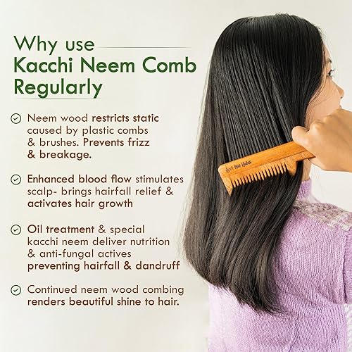 Miniatura 6 de Nat Habit - Back To Natural Secrets Everyday Kacchi Neem Peine, peine de madera, crecimiento del cabello, peine para hombres, mujeres, tratado con