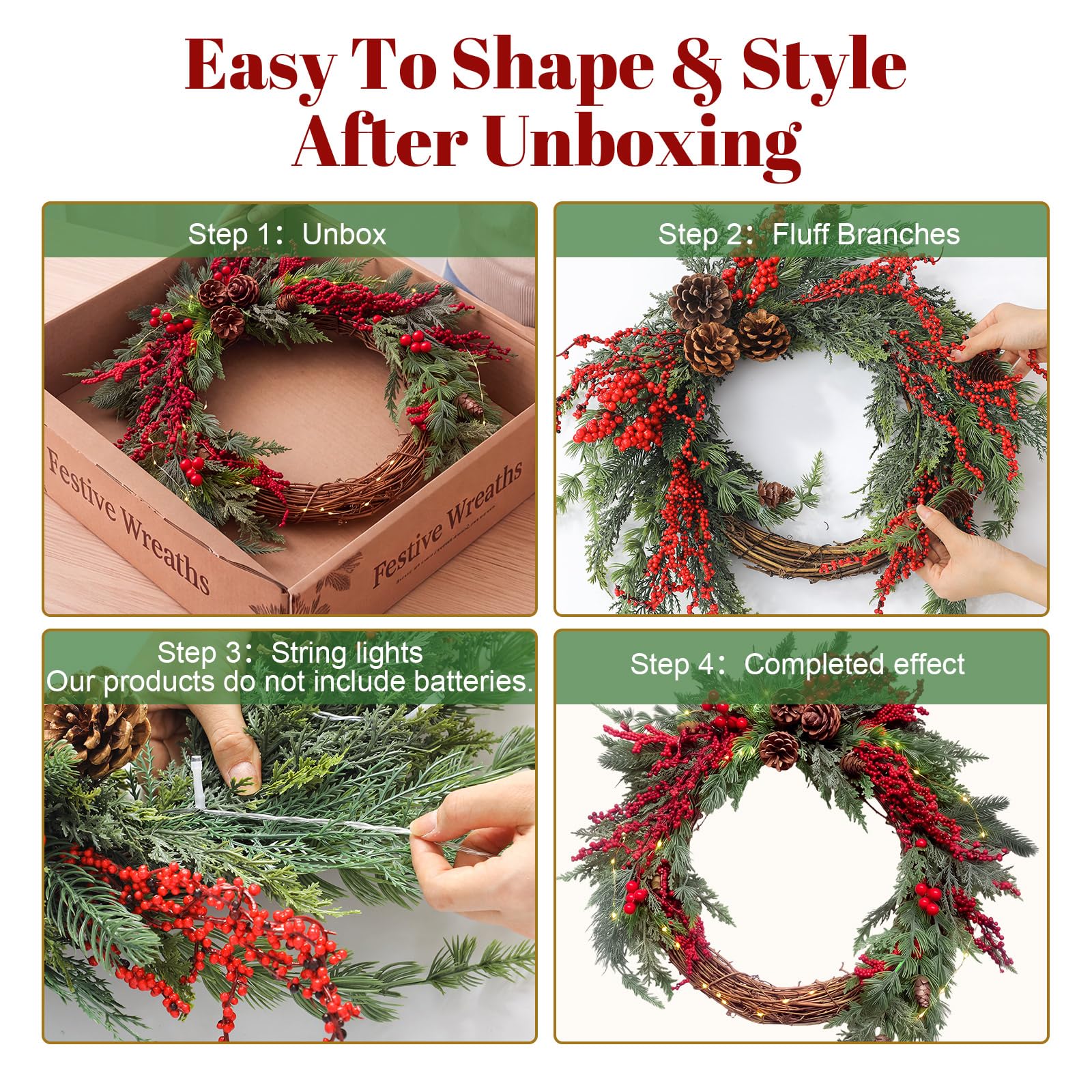 Yinder Couronne de Noël de 55,9 cm pour porte d'entrée avec lumières rouges en cèdre de pin artificiel avec pommes de pin – Couronne de Noël lumineuse avec pommes de pin – Couronne de Noël pour porche