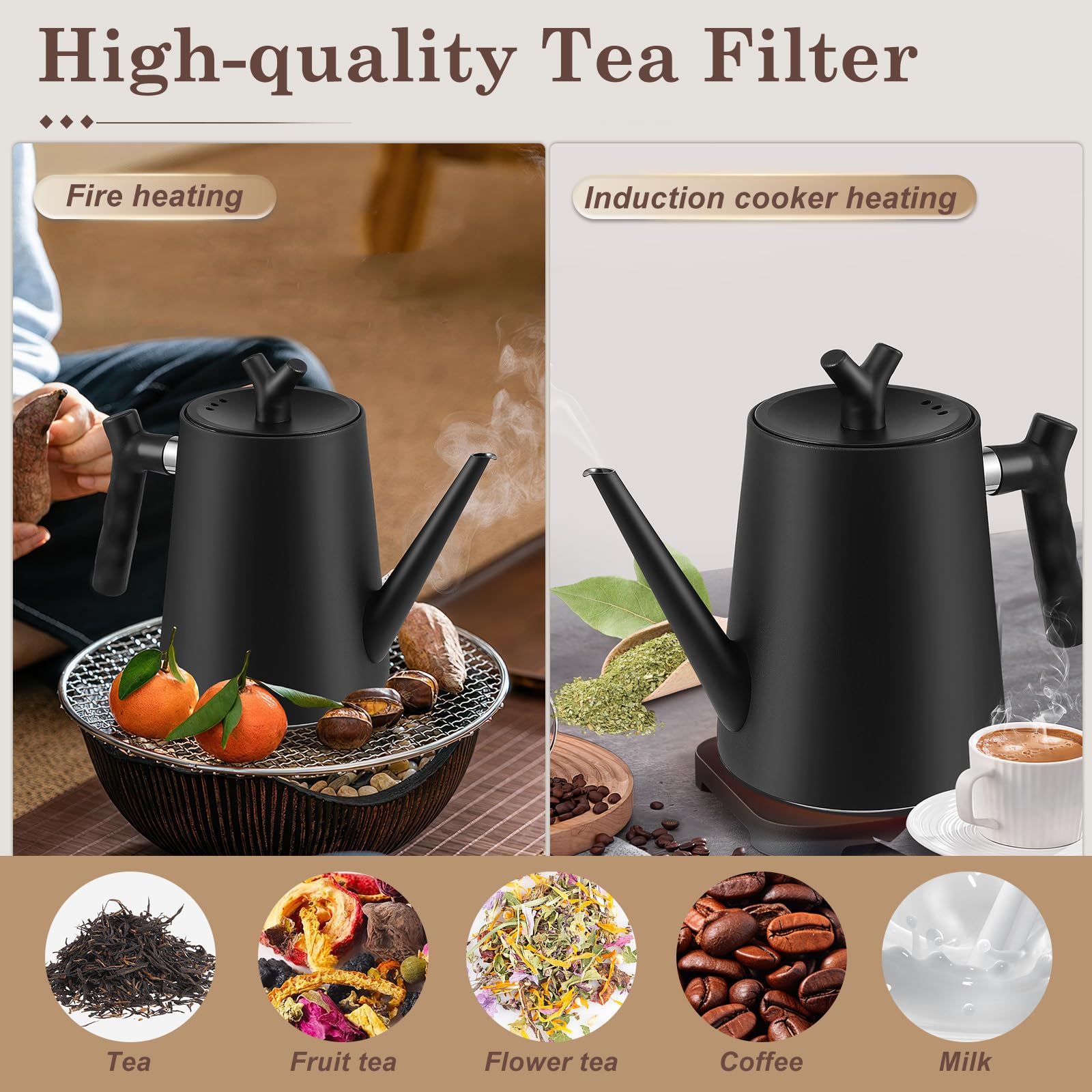 Teekanne Edelstahl mit Siebeinsatz, 1.5L Schwarzer Teekanne mit Hitzebeständigem Griff für Obstkräuter und Infusionstee, Doppelwandig isolierte Edelstahl teekanne Für Tee Kaffee (1)