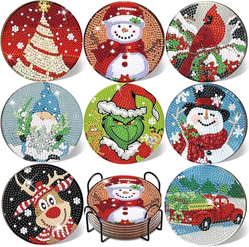 Miniatura 1 de JILASIR Juego de 8 posavasos de pintura de diamantes con soporte, kit de posavasos de arte de diamantes de Navidad, kit de diamantes de invierno