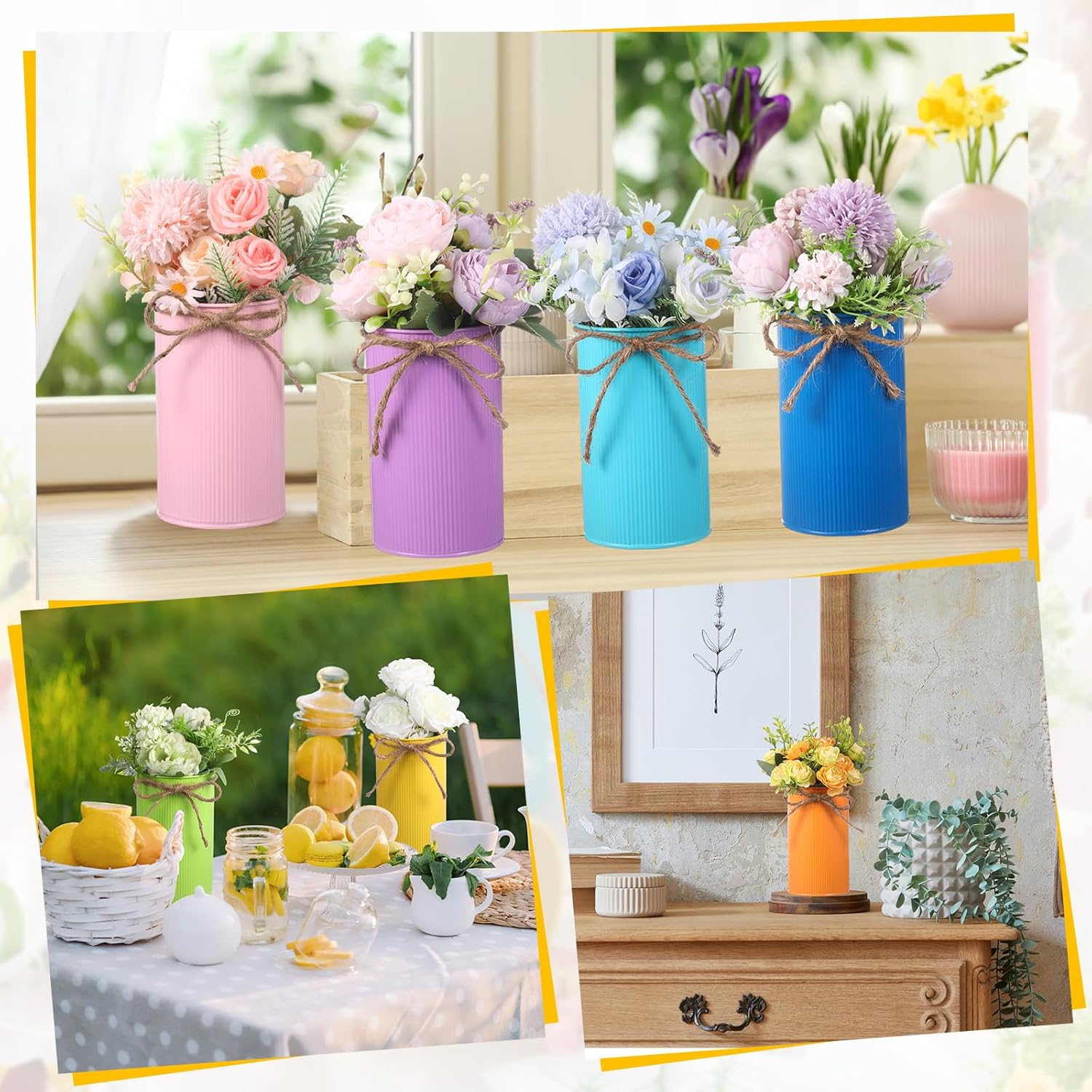 Rustic Vase for Table Centerpieces 5.91 Inch Flower High Vase with Twine Bow Vintage Farmhouse Decor for Wedding Reception Dining Baby Shower Home Galvanized Metal Buckets(Multicolor,8 Pcs)