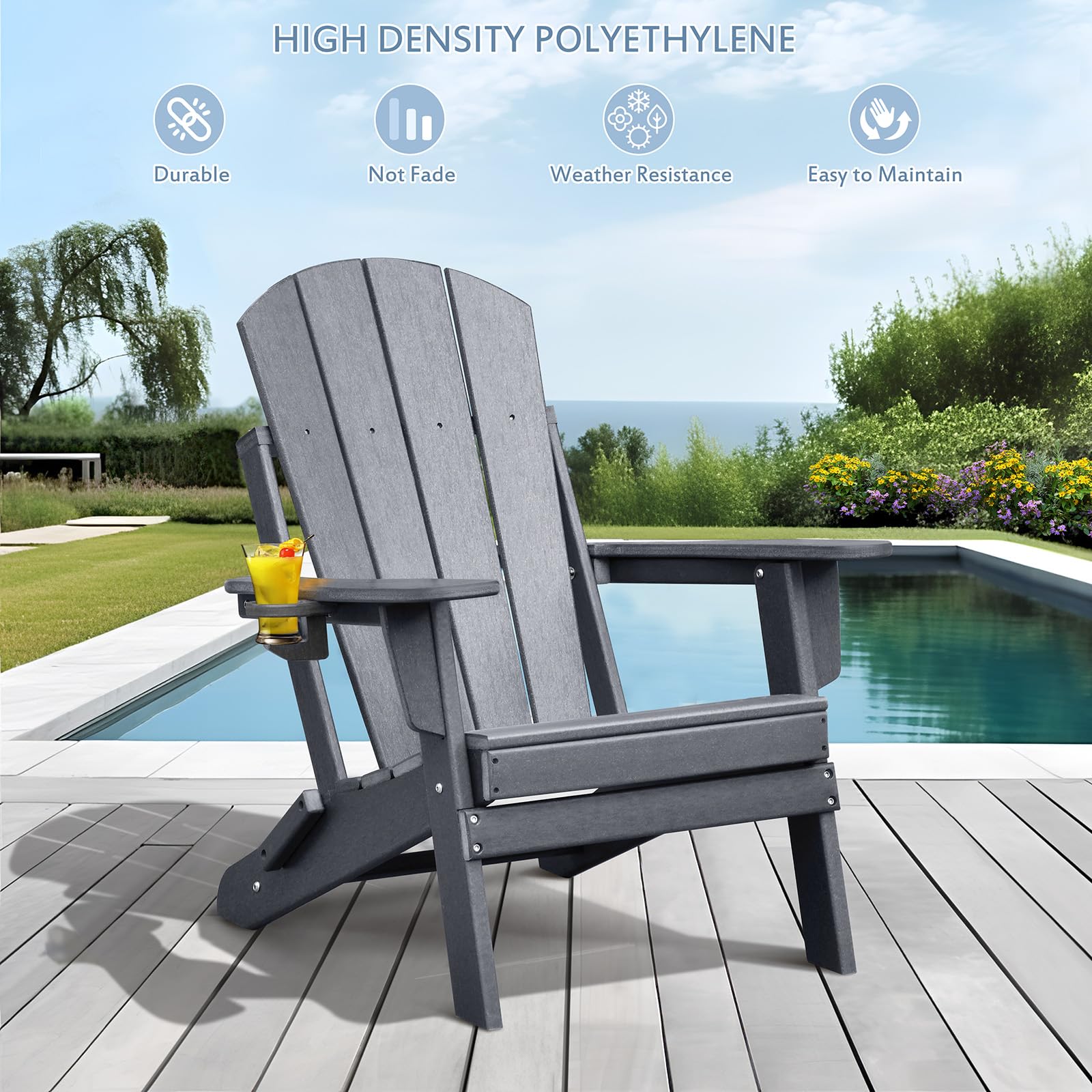 ART TO REAL ATR Adirondack Stuhl mit Getränkehalter,Klappbar Adirondack Chair Kunststoff,Wetterfester Gartenstuhl, Gartensessel aus Outdoor-Stuhl für Garten,Terrasse