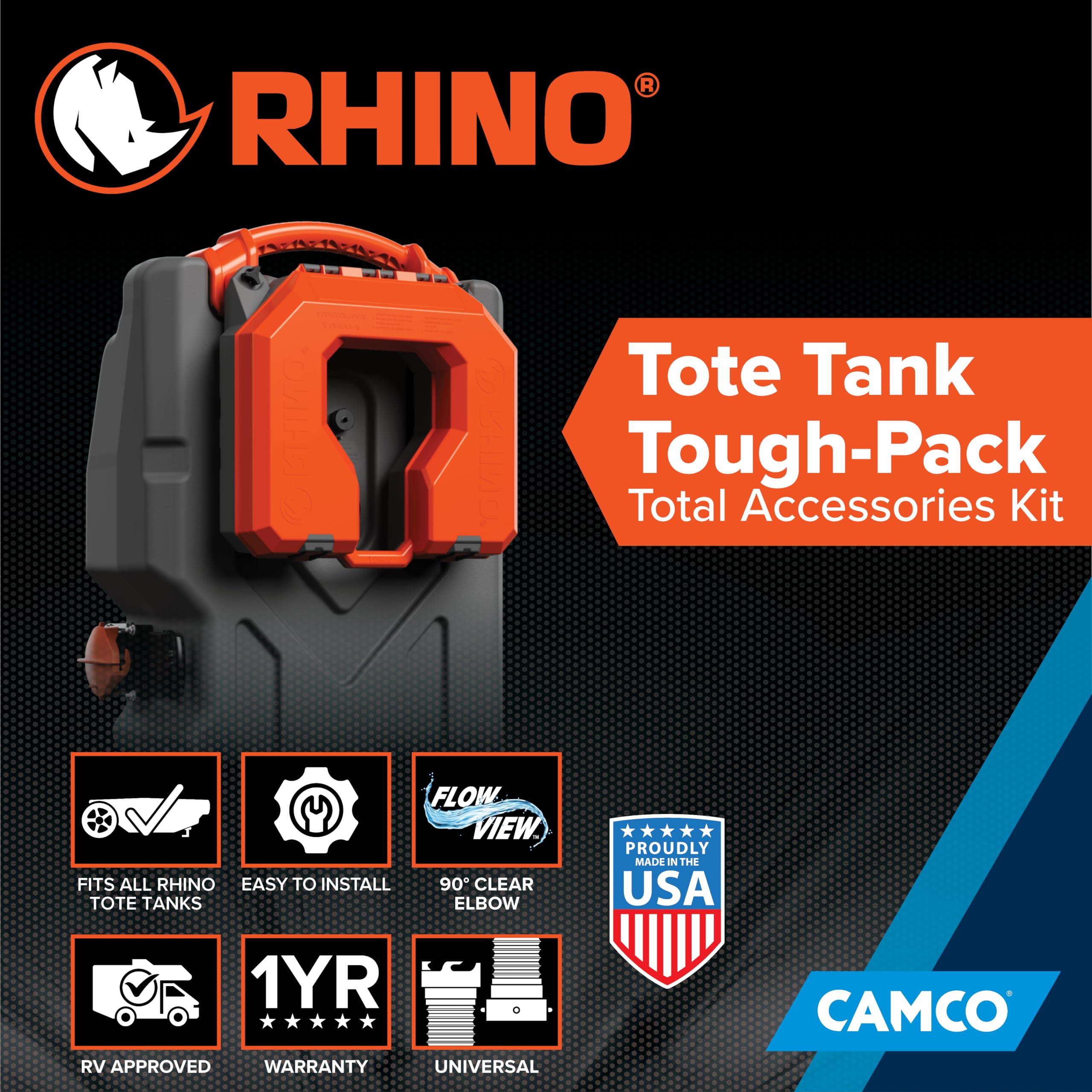Camco Rhino 39023 - Serbatoio di Grandi Dimensioni, Accessorio Essenziale per Camper per Una Gestione efficiente dei rifiuti, Kit Compatto da 7 Pezzi, Include Tubo per fognatura e Custodia per Camper