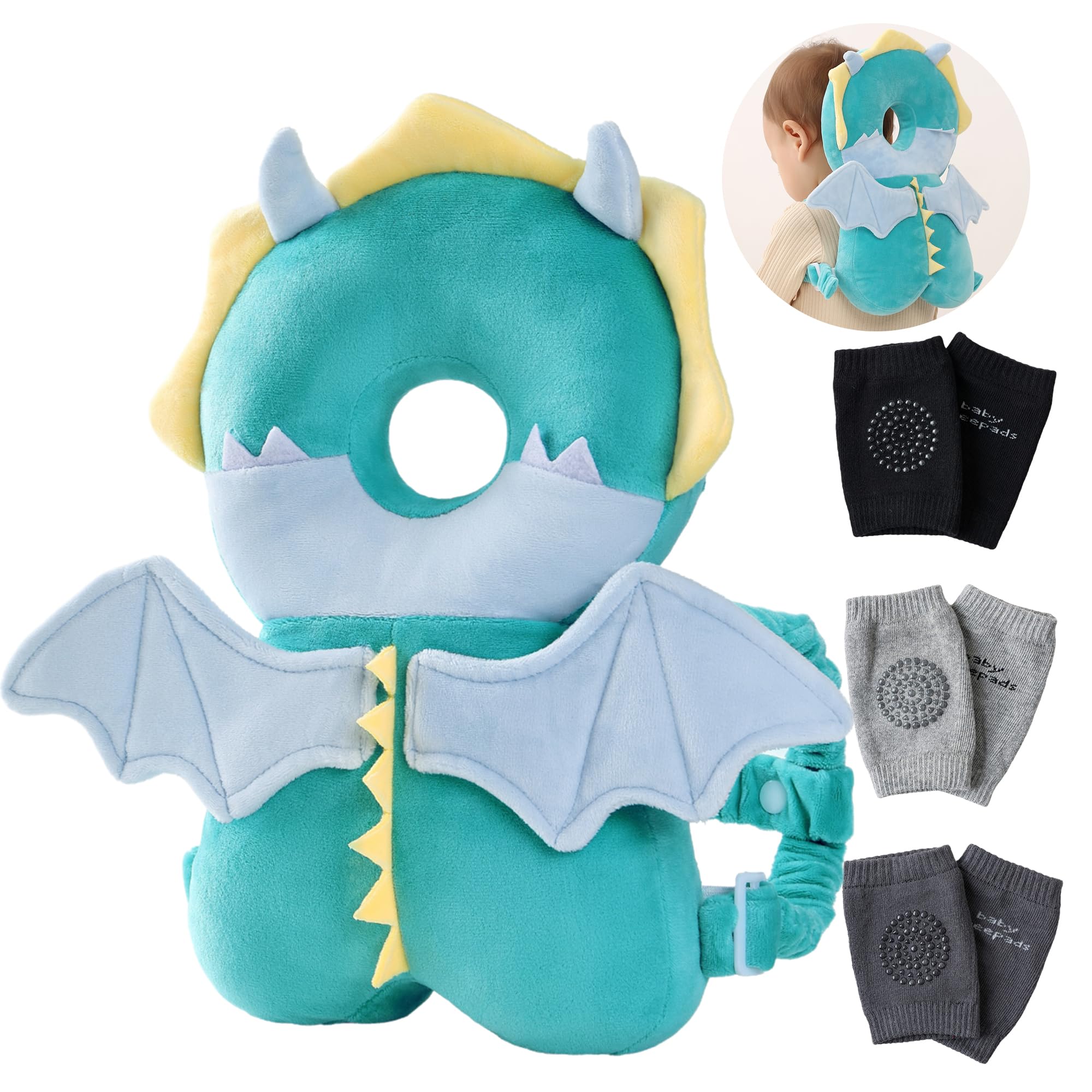 Feidoog Baby Head Protector Cushion Backpack with 3 Knee Pads for Walking & Crawling,Dragon