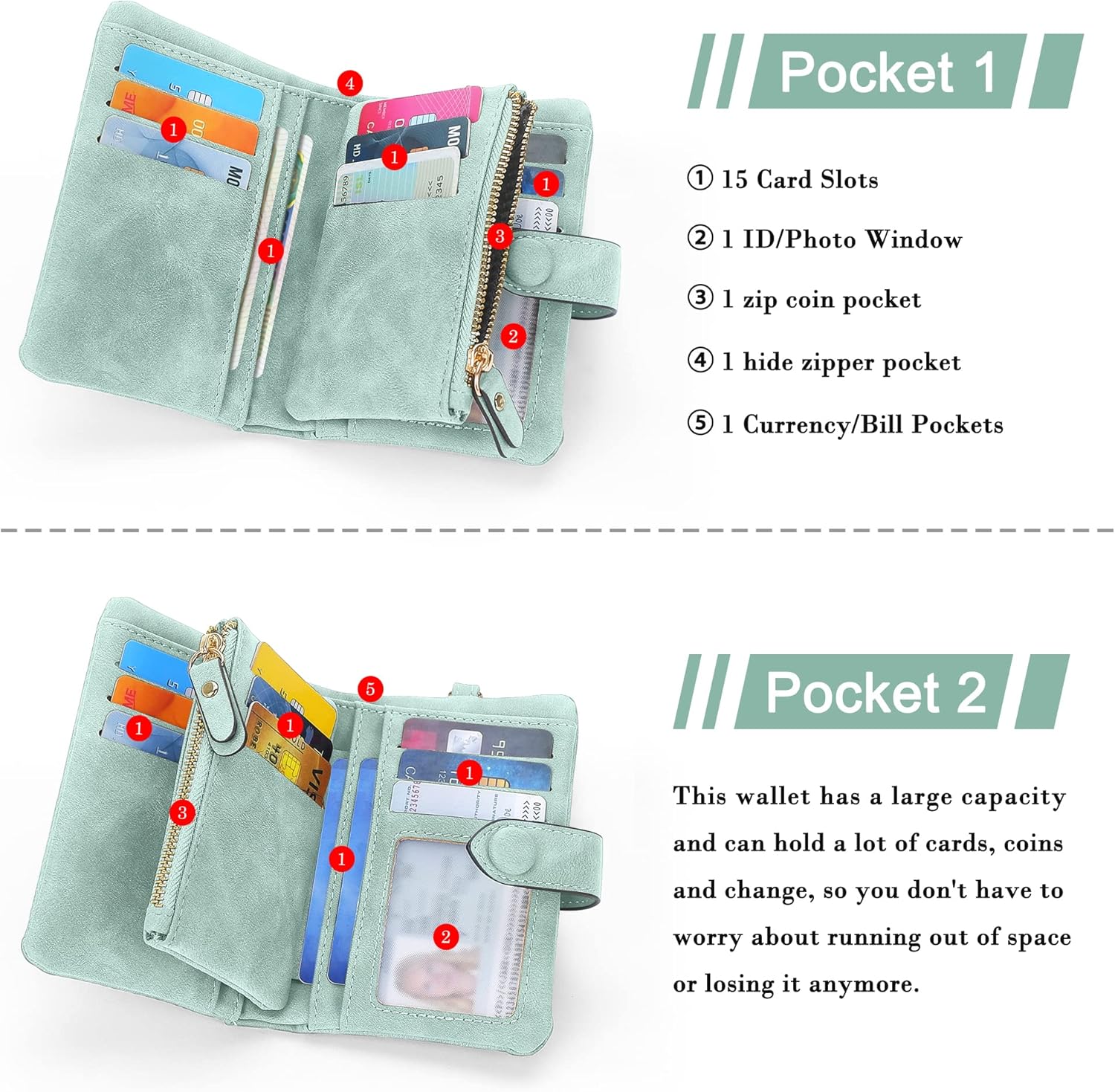 RFID Wallets for Women, Large Capacity Faux Suede Leather Small Womens Wallet with Wristlet (Light green) - Image 3