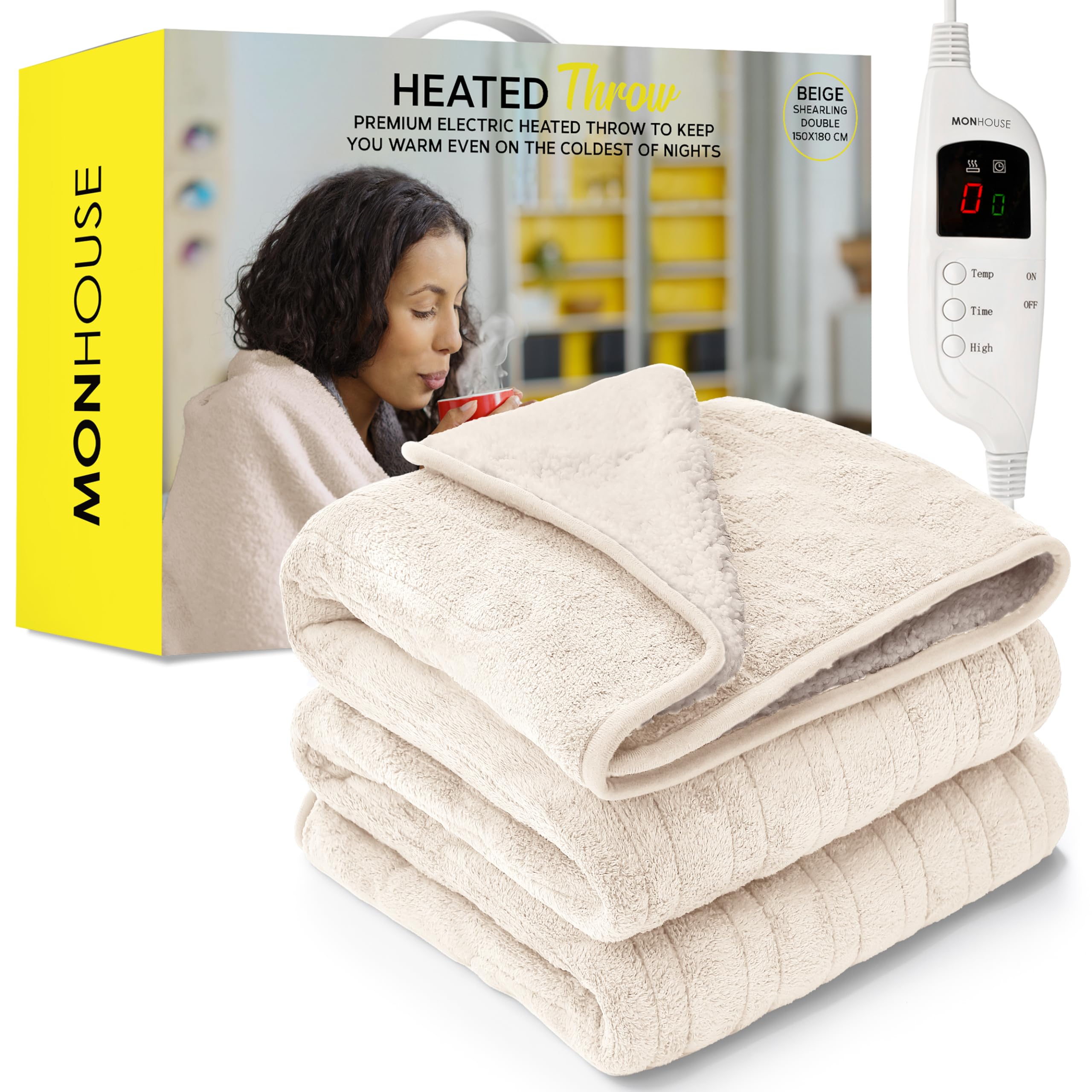 Monhouse Beige 150X200 Cm Soft Electric Blanket Double - Sofa Heated Throw With Digital Controller - Machine Washable Fleece Bed Throw, Timer Up To 9 Hours, 9 Heat Settings, Auto Shutoff - Sherpa
