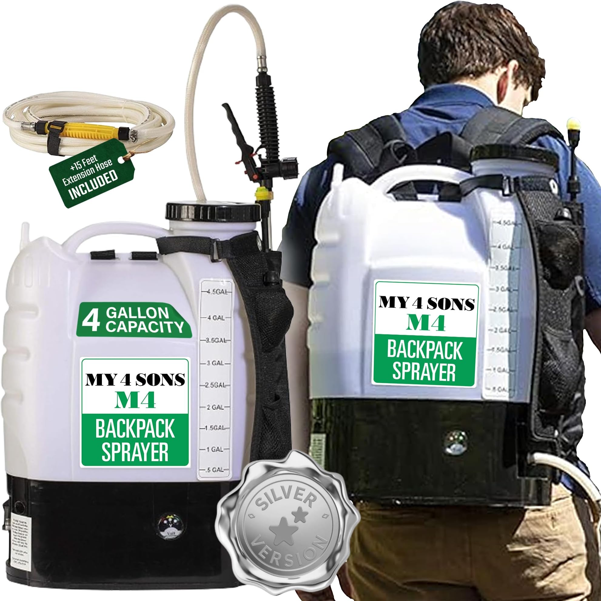- Backpack Sprayer - MY4SONS Silver M4 4-Gallon Cordless Battery Powered with Rechargeable Power Supply and 15ft Hose - Liquid Sprayer Backpack - Electric Spray for Lawn, Garden, Ground Cleaning & More