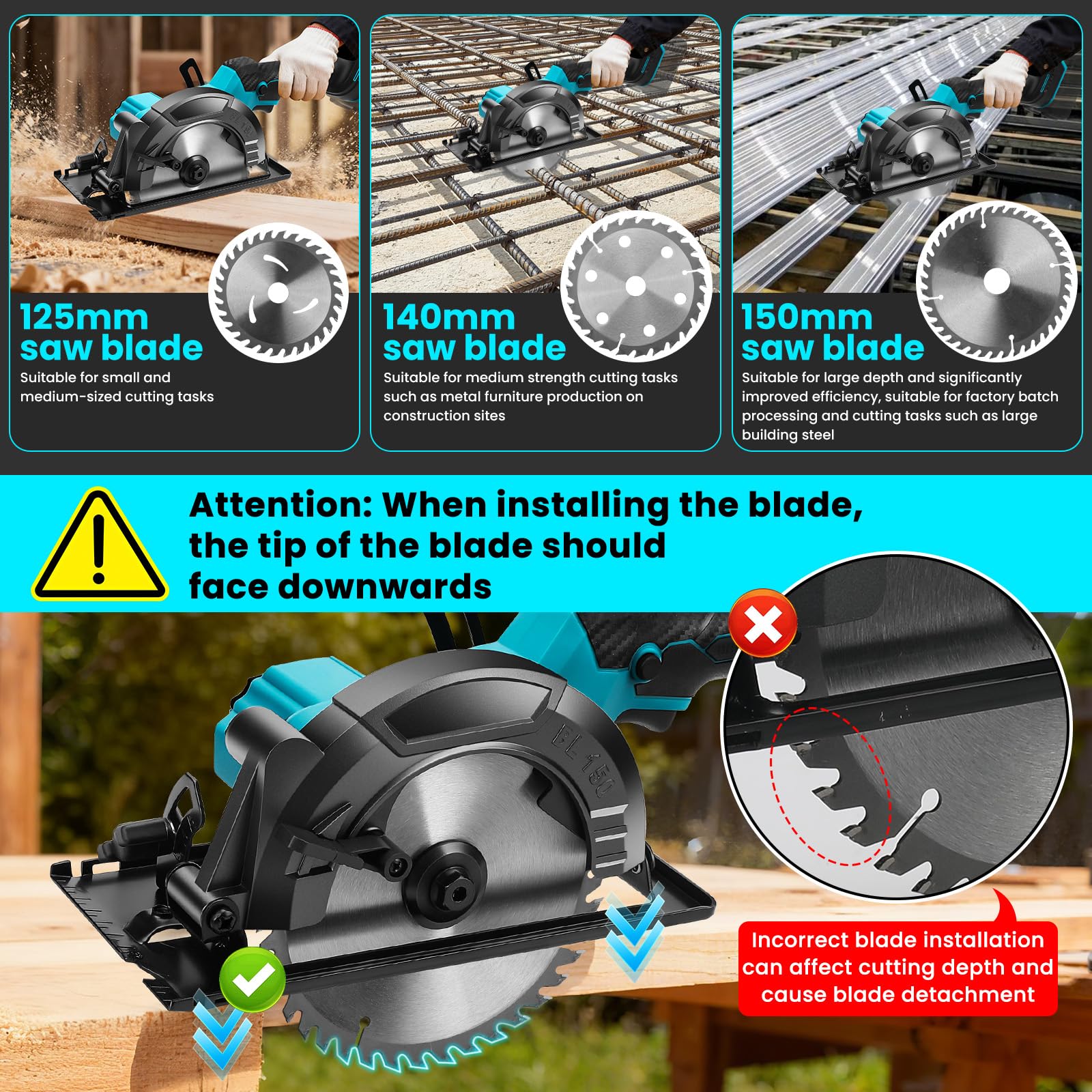 Sierra circular con batería para Makita 18 V batería, 1200W Sierra Circular de Mano 5800 RPM, sierra circular de mano con 3 hojas, minisierra circular sin escobillas para Corte de Madera/Plástico