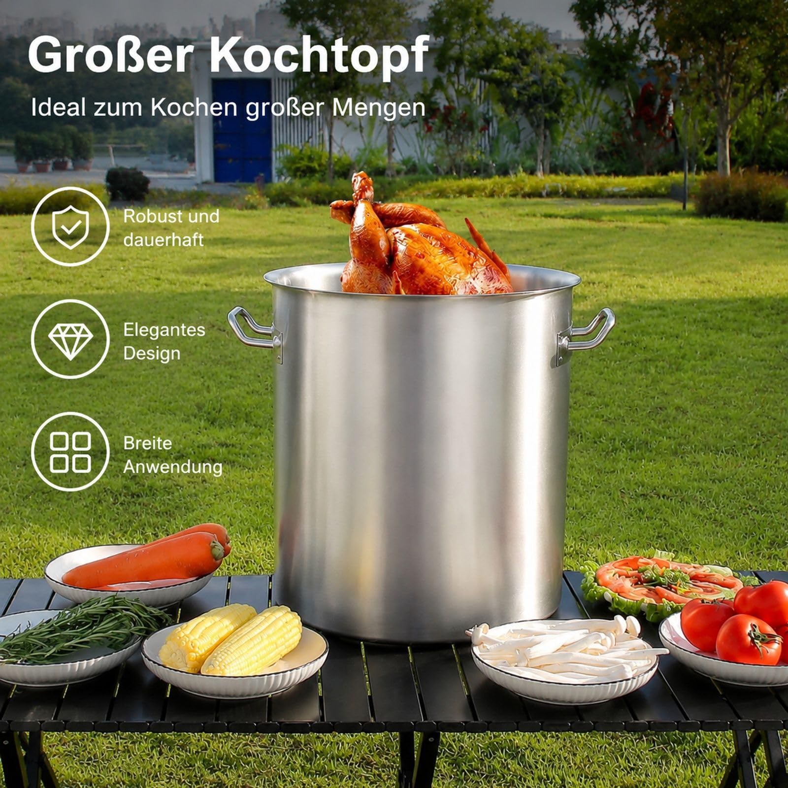 Edelstahl Kochtopf mit Deckel, Griffen und Siebeinsatz, für Küche, Restaurant und Veranstaltungen
