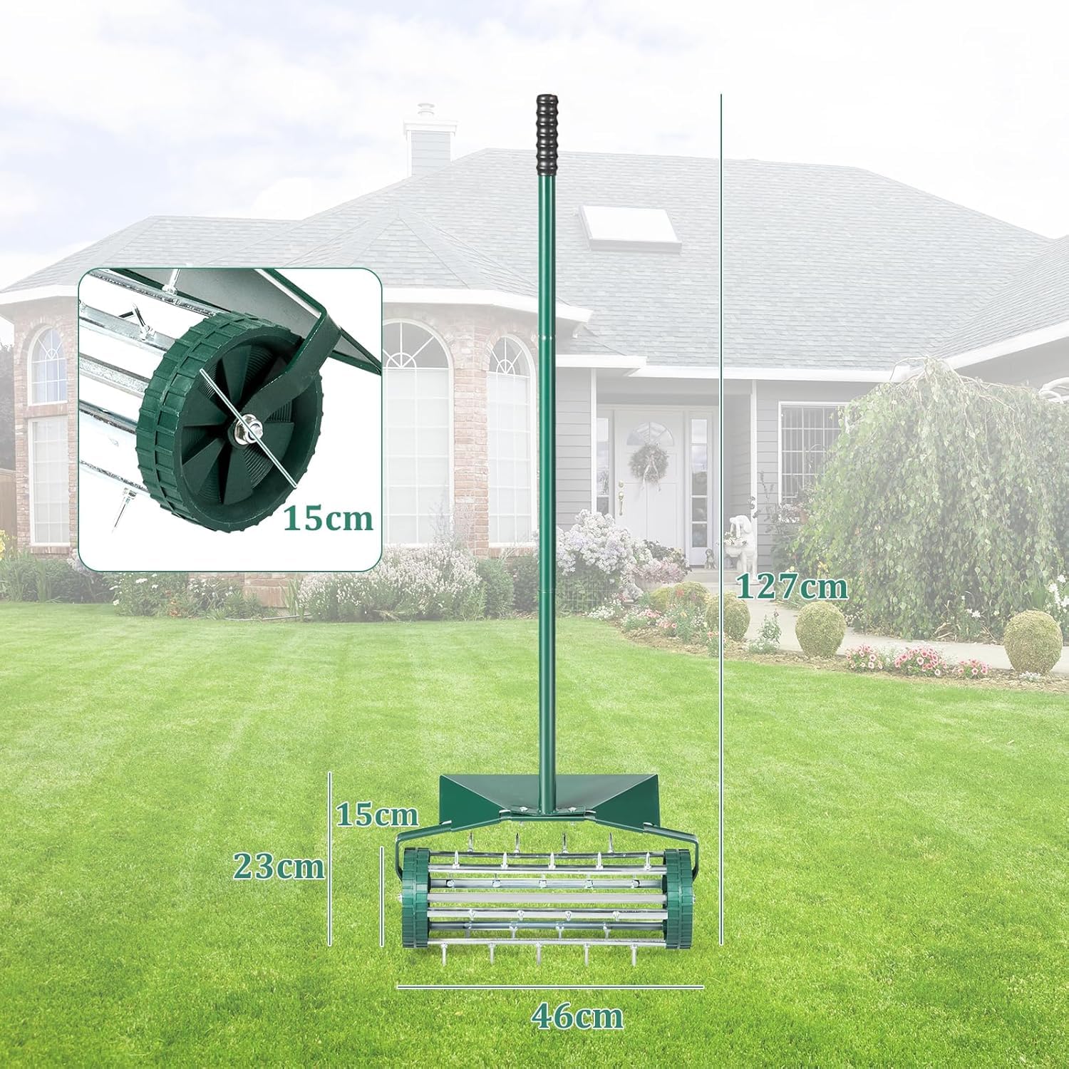 FANTASK Rouleau aérateur de pelouse, avec Manche, scarificateur Manuel, Vert, avec Clous de 3 cm et Protection Anti-éclaboussures, 46 x 23 x 127 cm