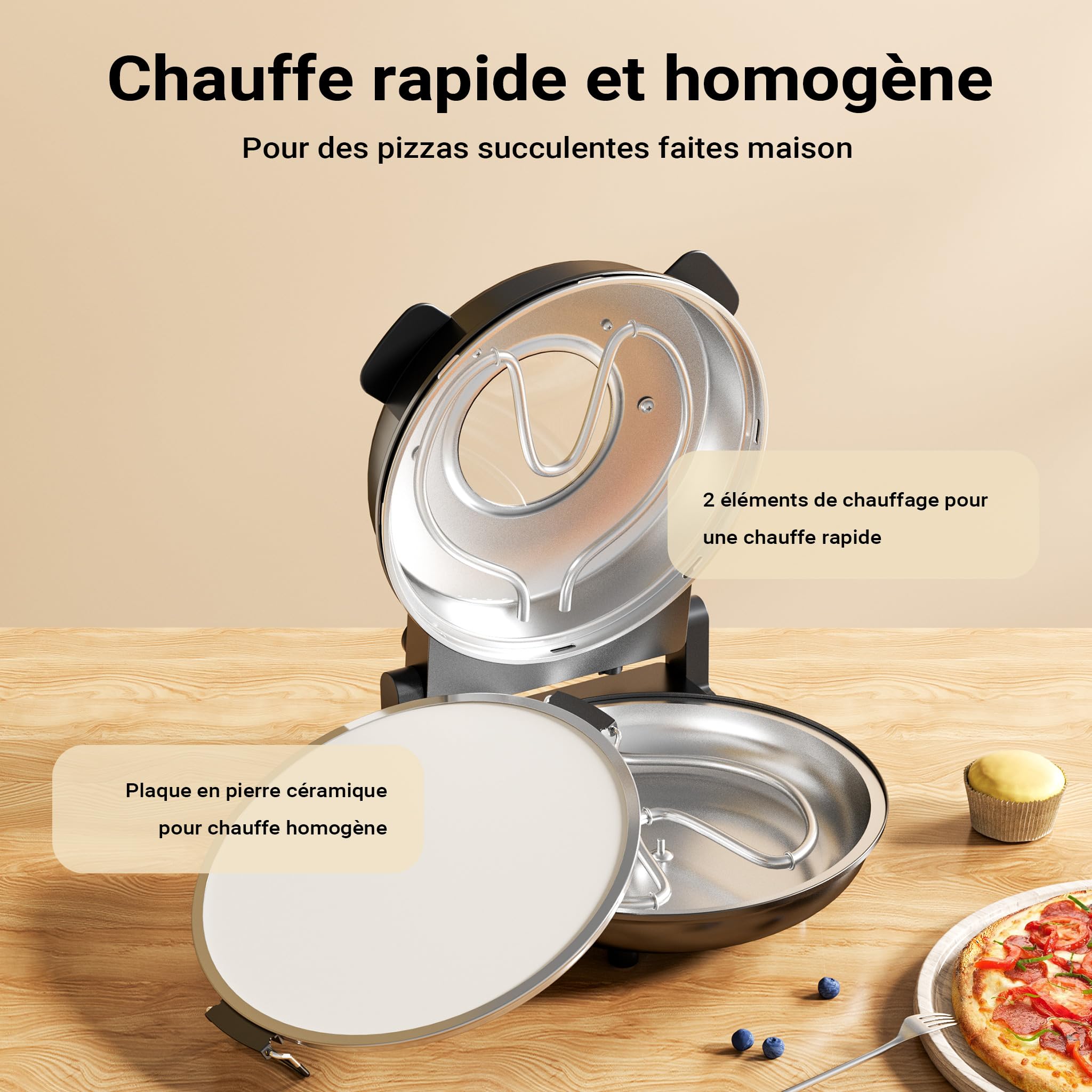 Wiltec Mini four à pizza avec plaque en pierre céramique – 360 x 360 x 180 mm – 400 °C max. – avec Plaque en pierre céramique Ø 32 mm, Fenêtre de visualisation, 2 Éléments chauffants et Minuterie