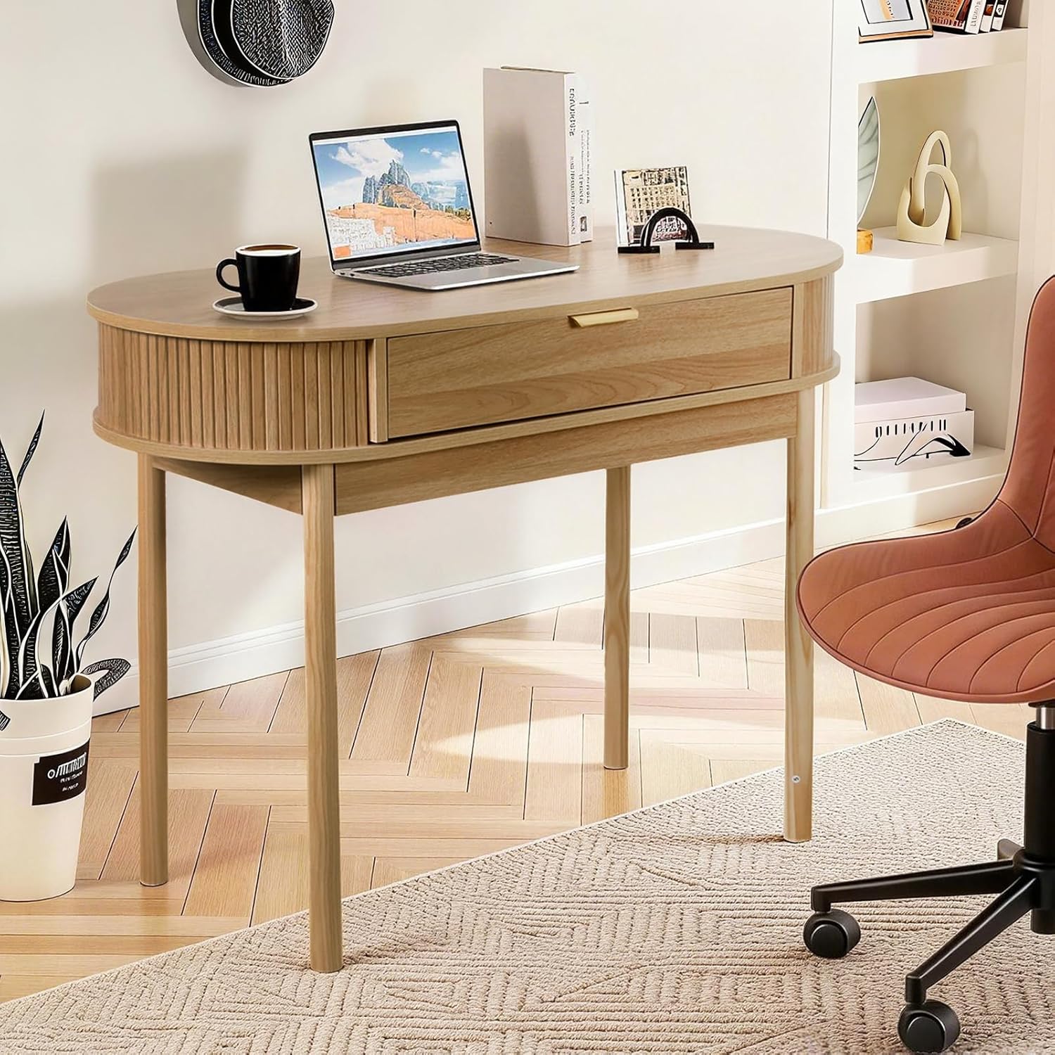 Fluted Small Computer Desk with Drawer, 40 Inch Mid-Century Modern Writing Desk with Solid Wood Legs,Compact Study Table for Small Spaces, Home Office, Bedroom,Walnut