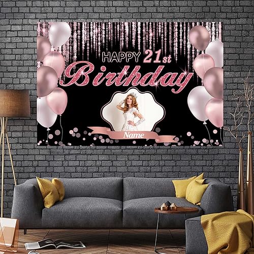 Miniatura 7 de Cartel de decoración de feliz cumpleaños número 21 de oro rosa, tamaño grande, personalización con nombre y foto compatible