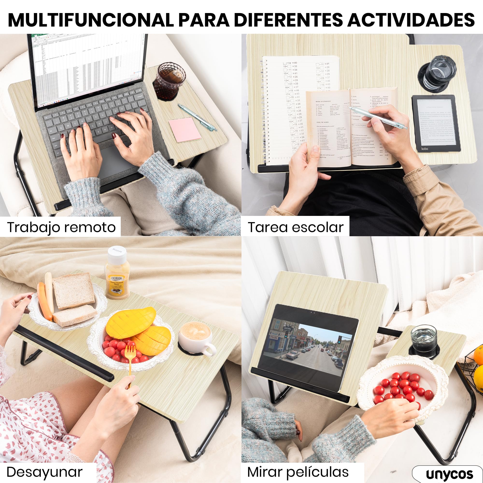 unycos - Bandeja para Cama y Sofá Reclinable, Mesa Plegable de Desayuno con Portavasos para Ordenador Portátil y Libros, Mesita Auxiliar en MDF/Acero/Plástico 56x33x23cm | 22,04" x12,99 x9,05 (Arce)