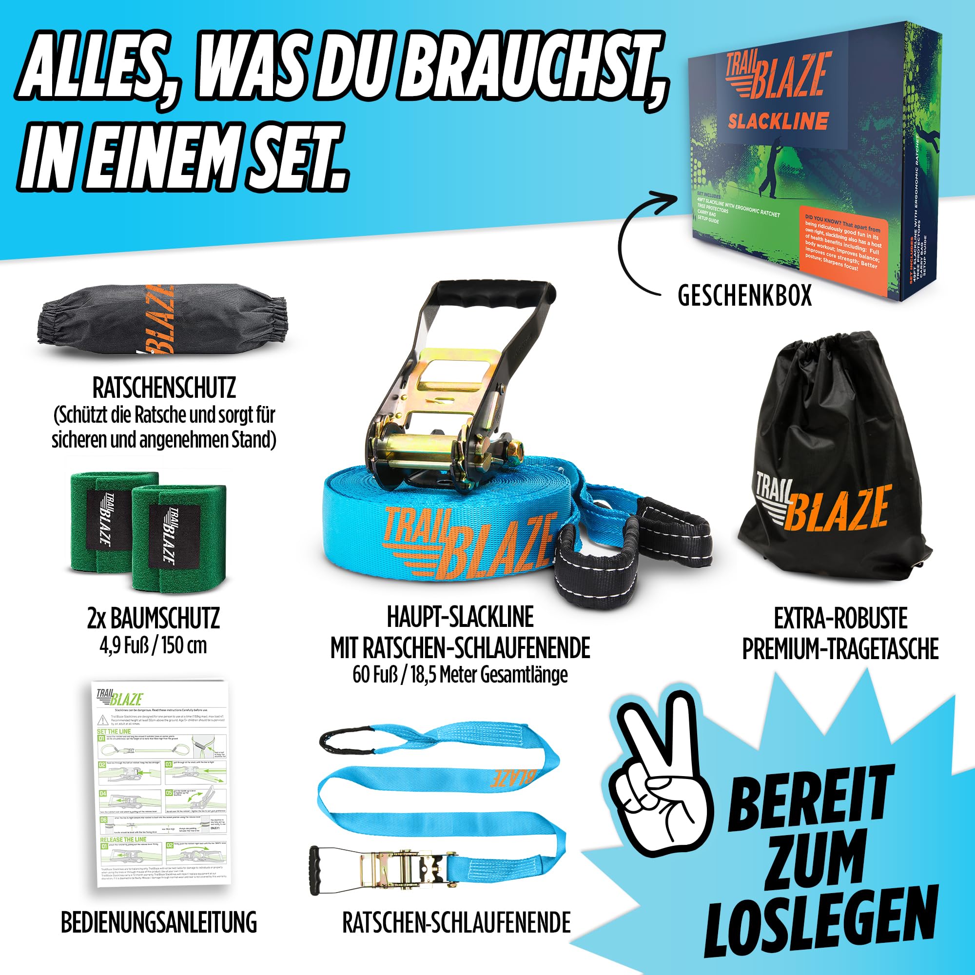 TRAILBLAZE Kit Slackline Completo – Con Protezioni Alberi + Sacca Porta Slackline - Installazione Facile - Kit per Principianti da 15m per Camminate e Equilibrismo