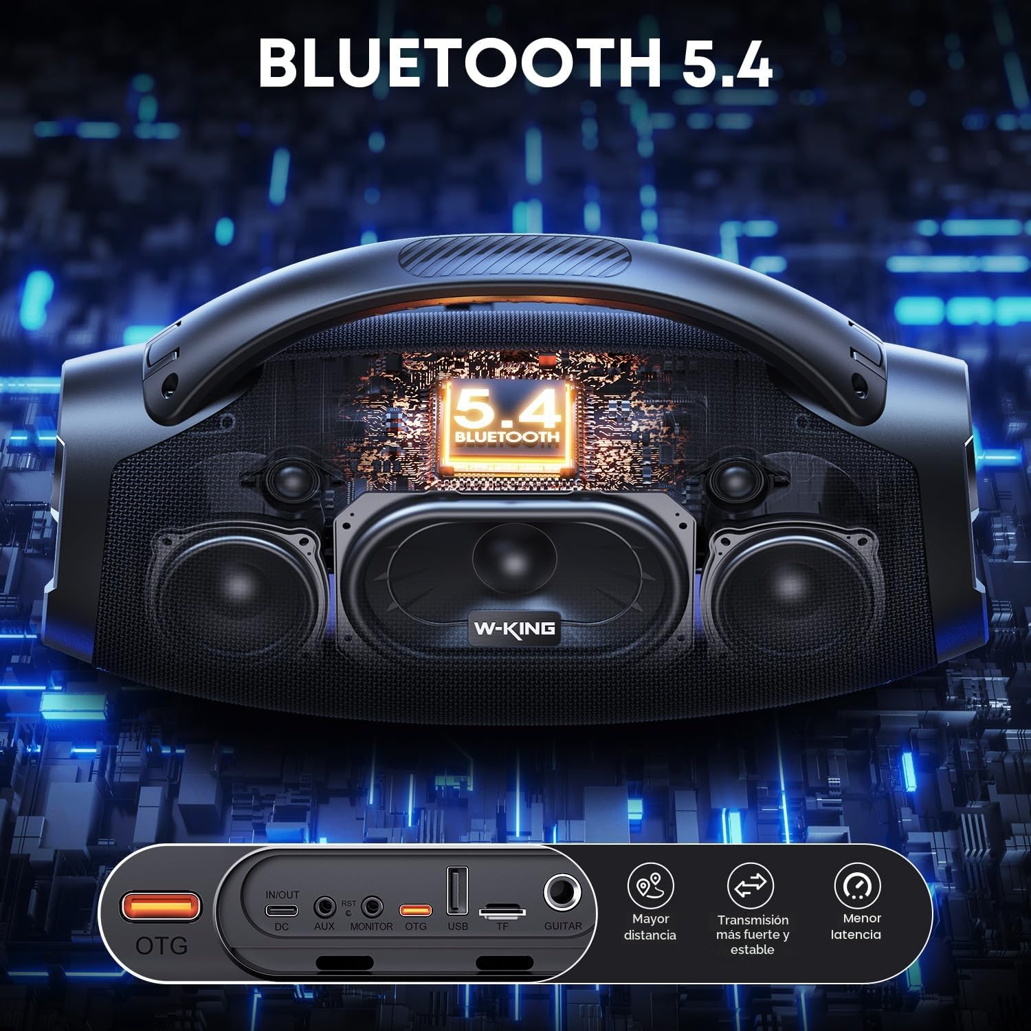 W-KING 330W Peak 200W RMS Altavoz Bluetooth portátil, Grande Caja De Música, Boombox Portátil Ruidoso Supergraves, Speaker con EQ App/Bluetooth 5.4/IPX7/PowerBank/Carga Rapida/USB/AUX/30H/Guitare-IN